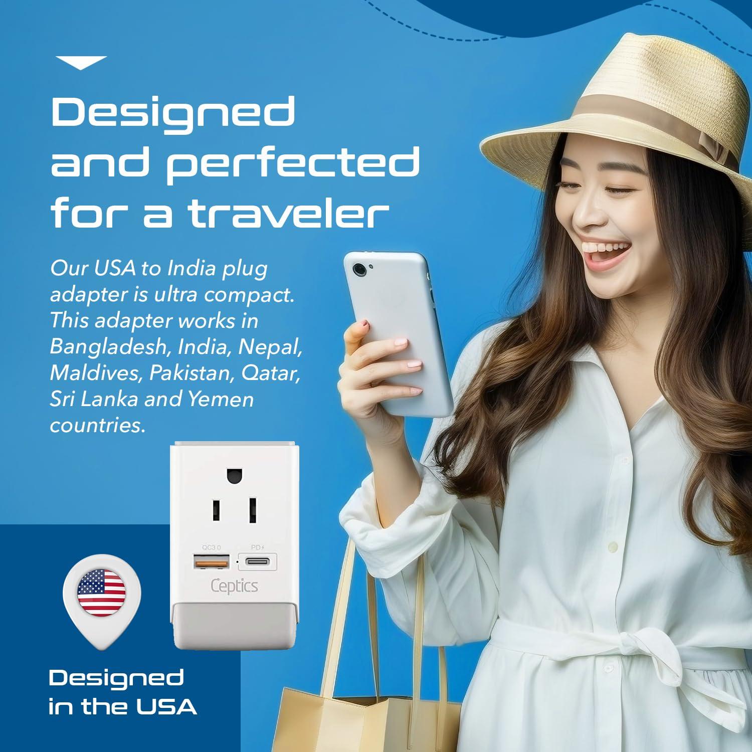 Ceptics Ceptics US to India Plug Adapter, Type D Plug Adapter QC 3.0 & PD, Safe Dual USB & USB-C 18W, India Plug Adapter Fast Charging - Powerful 2 USA Sockets - Use in Pakistan Nepal Sri Lanka - AP-10