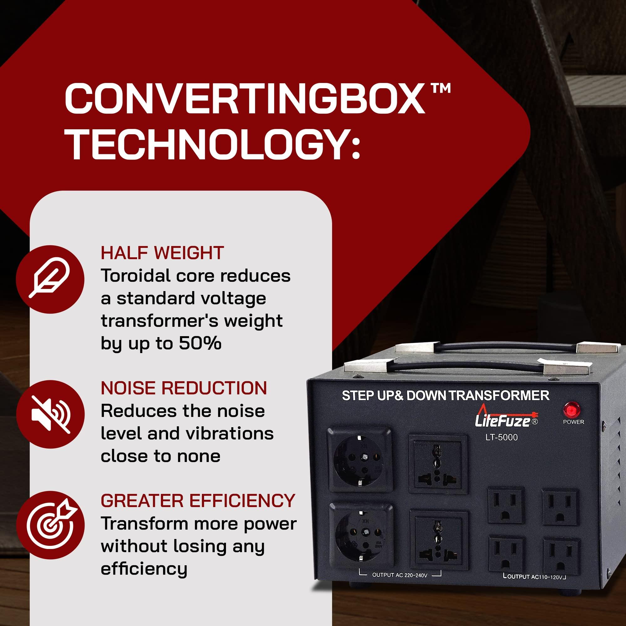 LiteFuze LiteFuze LT Series 5000 Watt Voltage Converter Transformer Step Up/Down - 110v to 220v / 220v to 110v Power Converter - Fully Grounded Cord - Universal Socket, CE Certified
