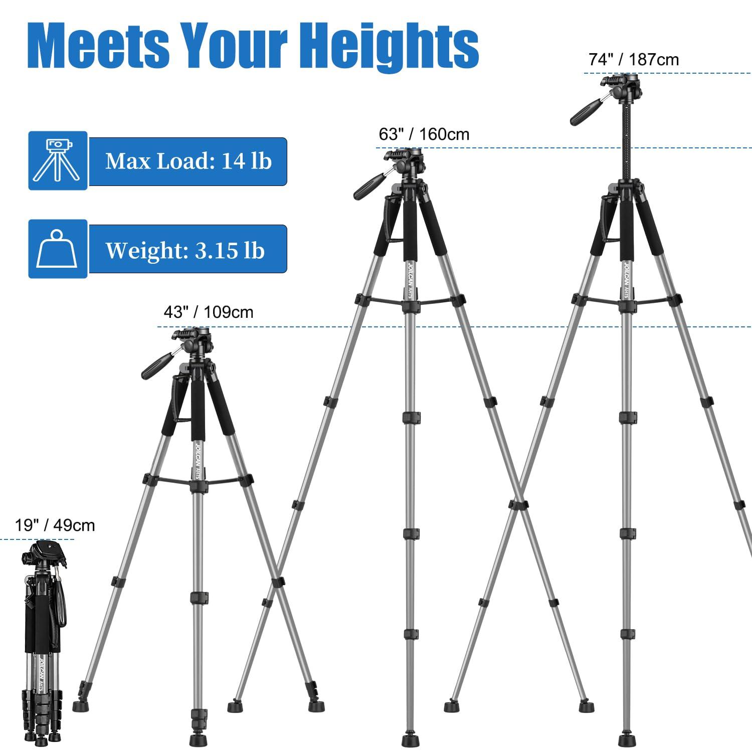 JOILCAN JOILCAN Tripod Camera Tripods, 74" Tripod for Camera Cell Phone Video Recording, Heavy Duty Tall Camera Tripod Stand, Professional Travel DSLR Tripods Compatible with Canon iPhone