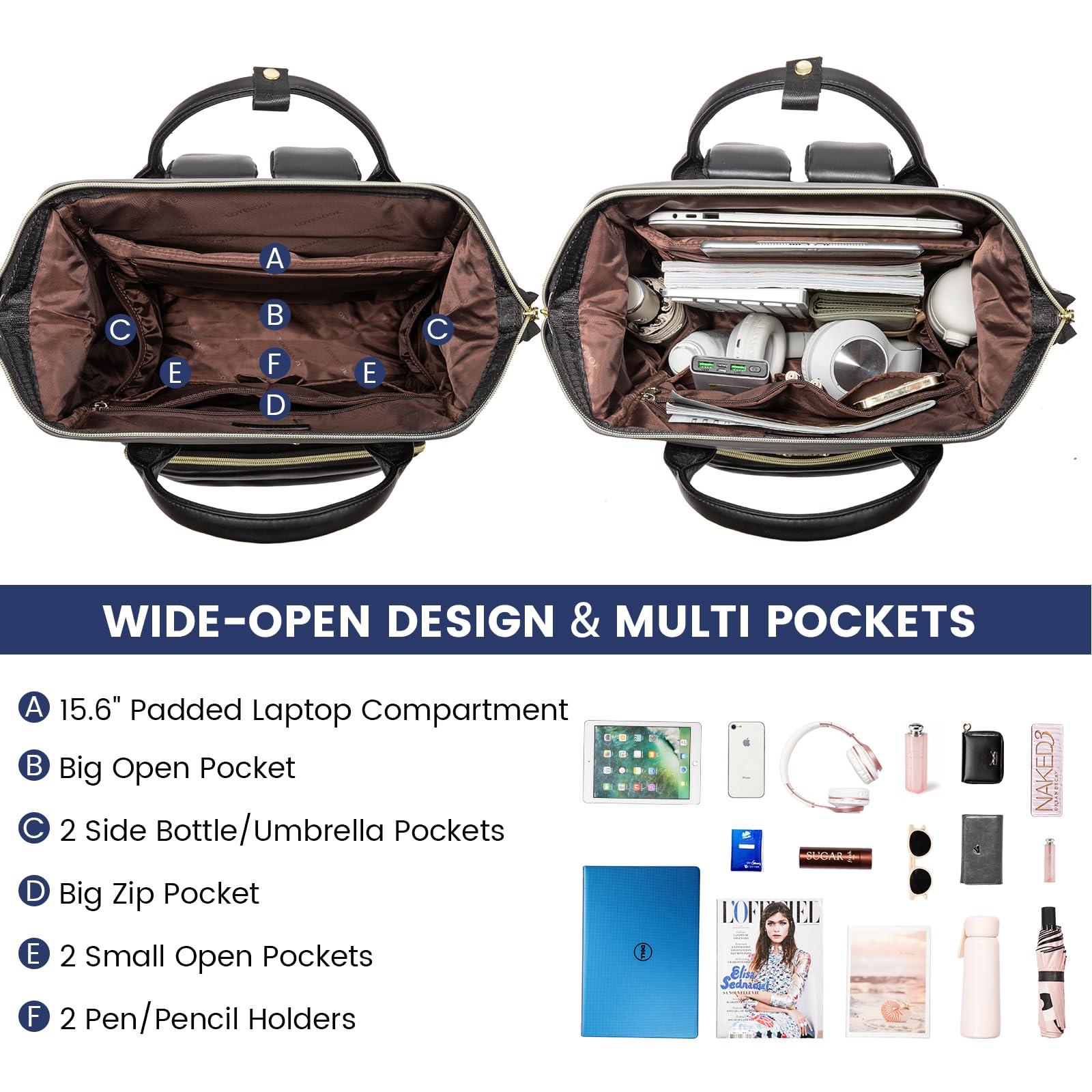 LOVEVOOK LOVEVOOK Leather Backpack for Women,15.6 inch Leather Laptop Backpacks Women,Professional Work Backpacks Nurse College Teacher Bag,Womens Laptop Bag Computer Travel Backpack Purse,Smoky Gray-Black