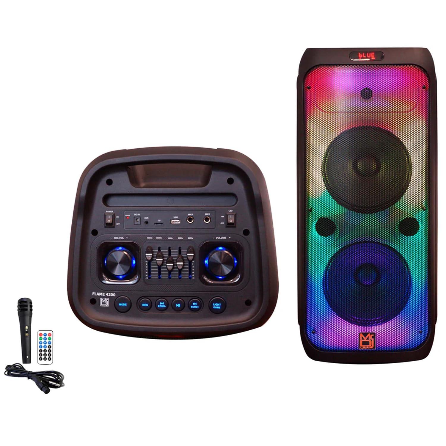 Mr. Dj MR DJ USA FLAME4200 10" X 2 Rechargeable Portable Bluetooth Karaoke Speaker with Party Flame Lights Microphone TWS USB FM Radio + 18-LED Slim Par Wash DJ Light