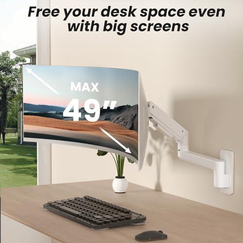 PUTORSEN PUTORSEN 17-49 inch Premium Ultrawide Monitor Wall Mount, Heavy Duty Single Wall Mount Monitor Arm up to 44lbs, Fully Adjustable Single Wall Monitor Arm Wall Mount Stand, VESA 75/100/200,White