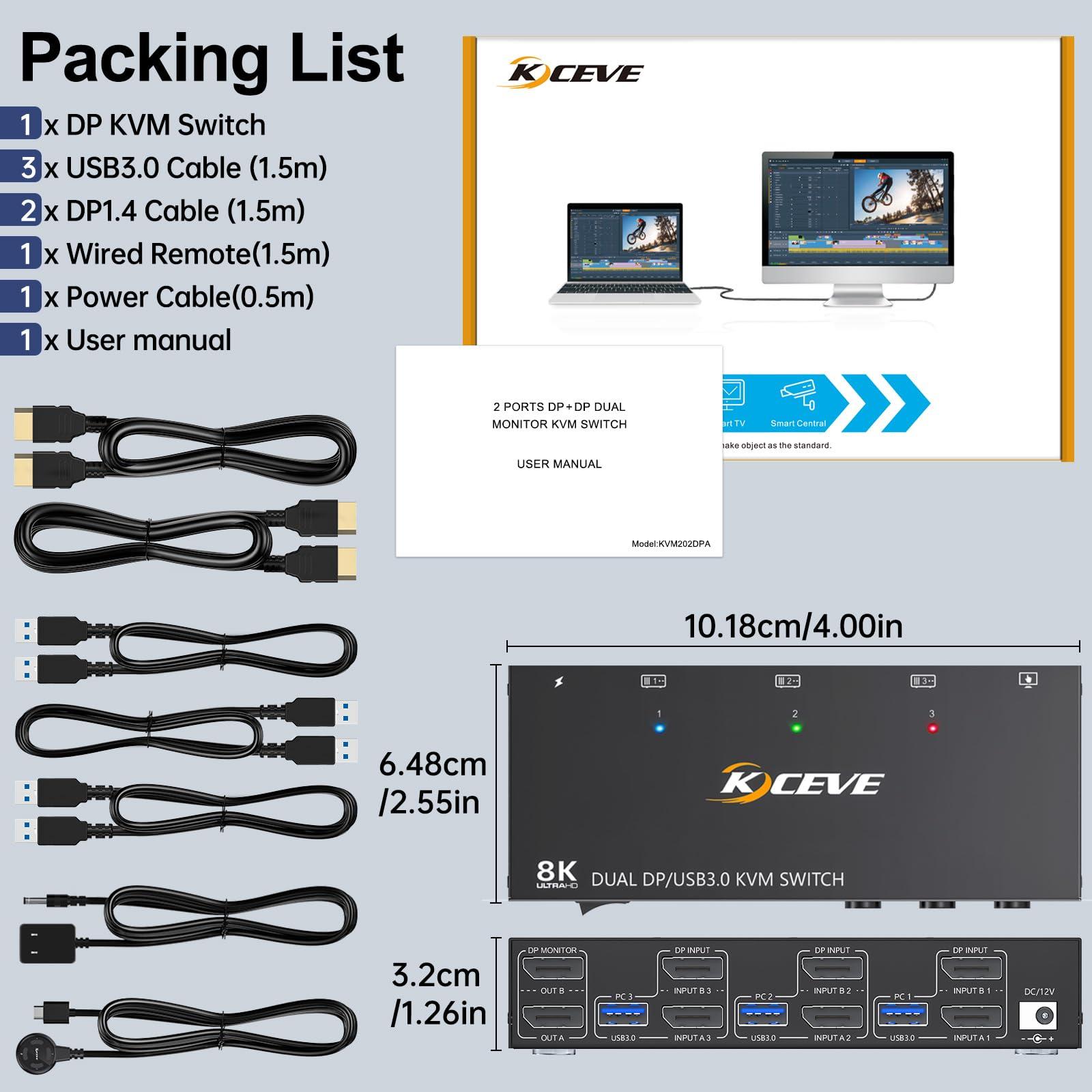 camgeet 8K Displayport KVM Switch 2 Monitors 3 Computers 8K@60Hz 4K@144Hz,Camgeet Dual Monitor KVM Switch Displayport with 4 USB 3.0 Ports for USB Devices,Wired Remote and 12V Power Adapter Included