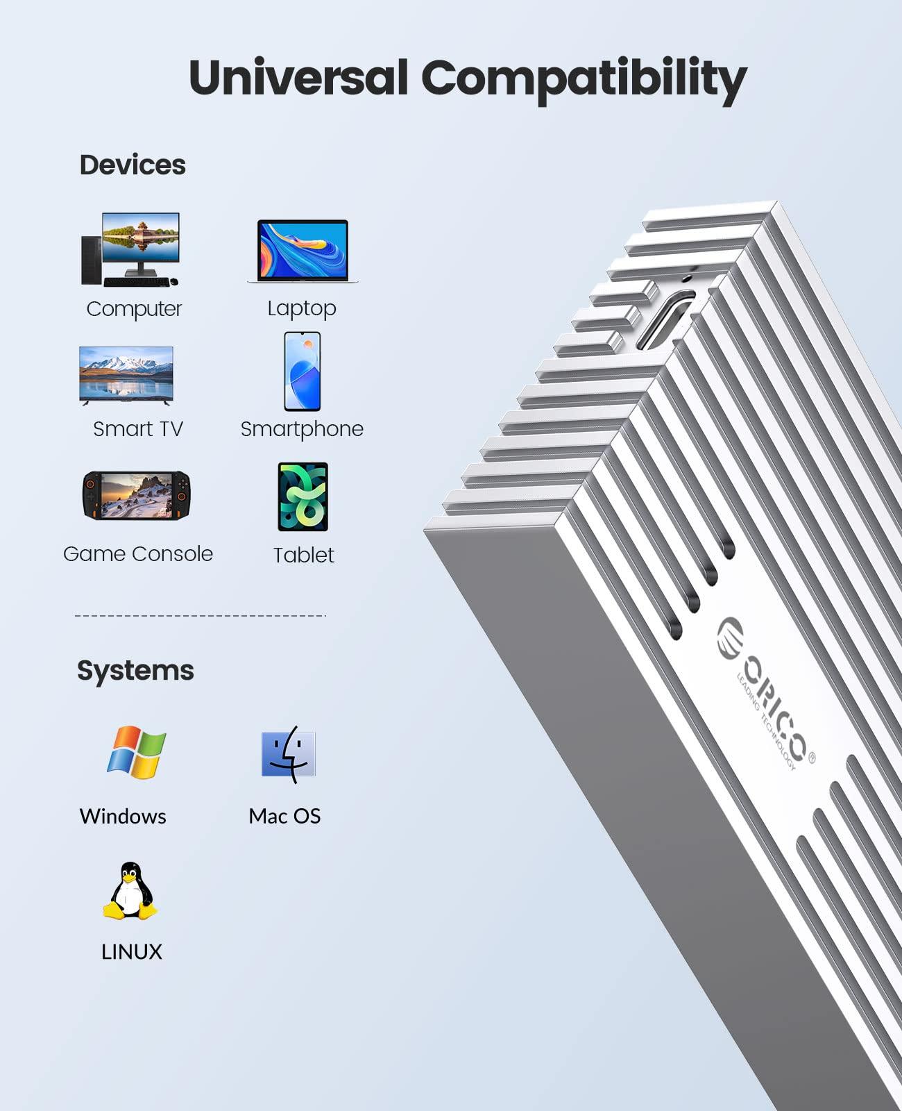 ORICO ORICO 40Gbps NVMe SSD Enclosure, M.2 to USB-C Adapter for NVMe M-Key 4TB SSD 2280, Aluminum M2 External SSD Case, Compatible with Thunderbolt 3/4 USB3.2/3.1/3.0/Type-M234-Silver