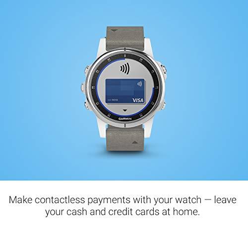 Garmin Garmin fenix 5S Plus, Smaller-Sized Multisport GPS Smartwatch, Features Color Topo Maps, Heart Rate Monitoring, Music Contactless Payment, Silver/White with Gray Suede Band
