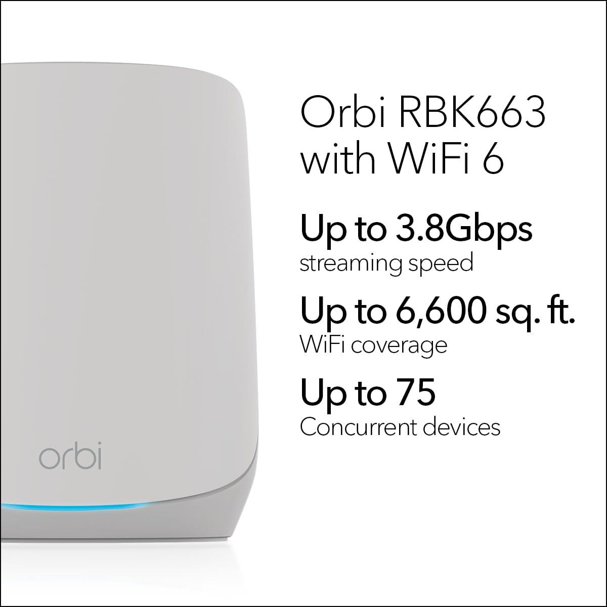 NETGEAR NETGEAR Orbi Whole Home Tri-Band WiFi 6 Mesh Network System (RBK663) Router with 2 Satellite Extenders, Security Features, Coverage up to 6,600 sq. ft., 75 Devices - AX3800 (Up to 3.8Gbps)