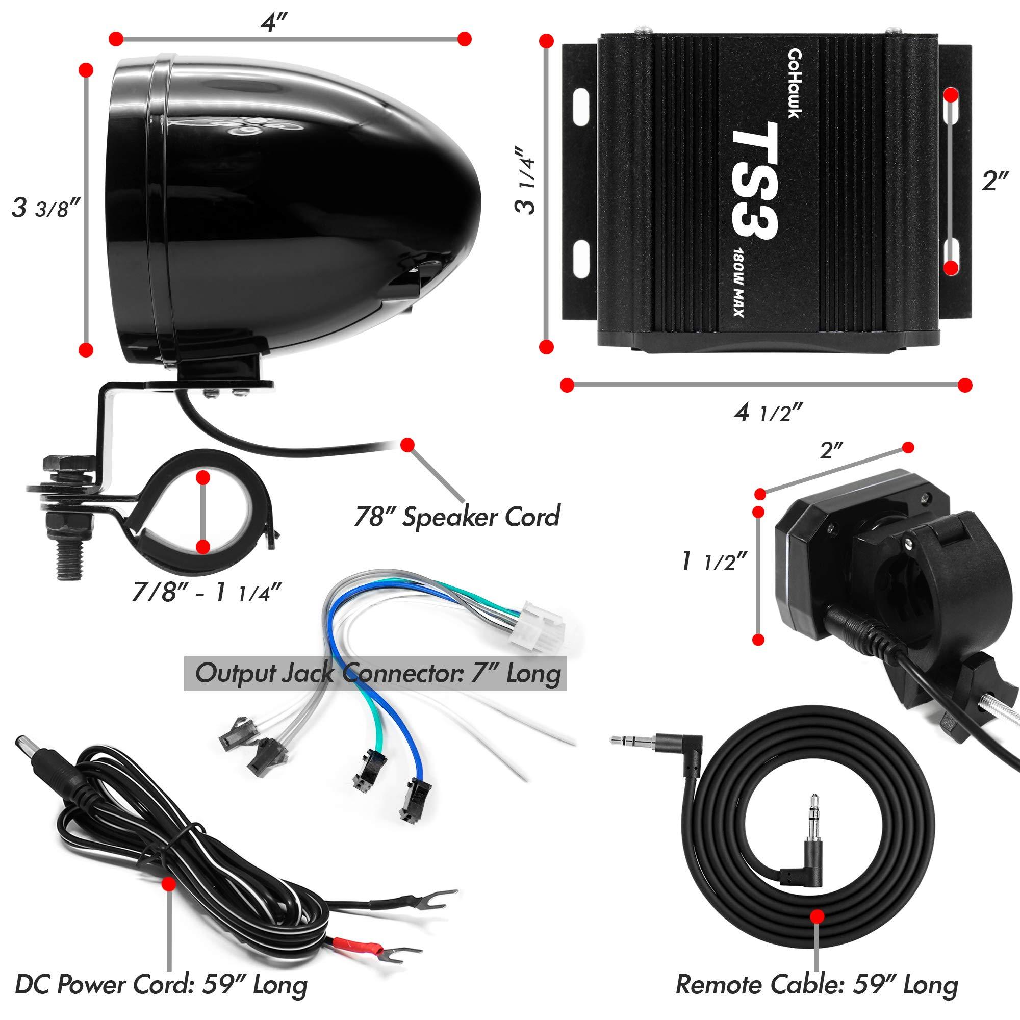 GoHawk GoHawk TS3-Q Gen.3 Motorcycle Weatherproof Bluetooth Speakers 7/8-1.25 in. Handlebar Mount MP3 Music Player Sound Audio Stereo Amplifier System ATVs Golf Cart AUX, USB, Micro SD, FM Radio, 4-Speaker