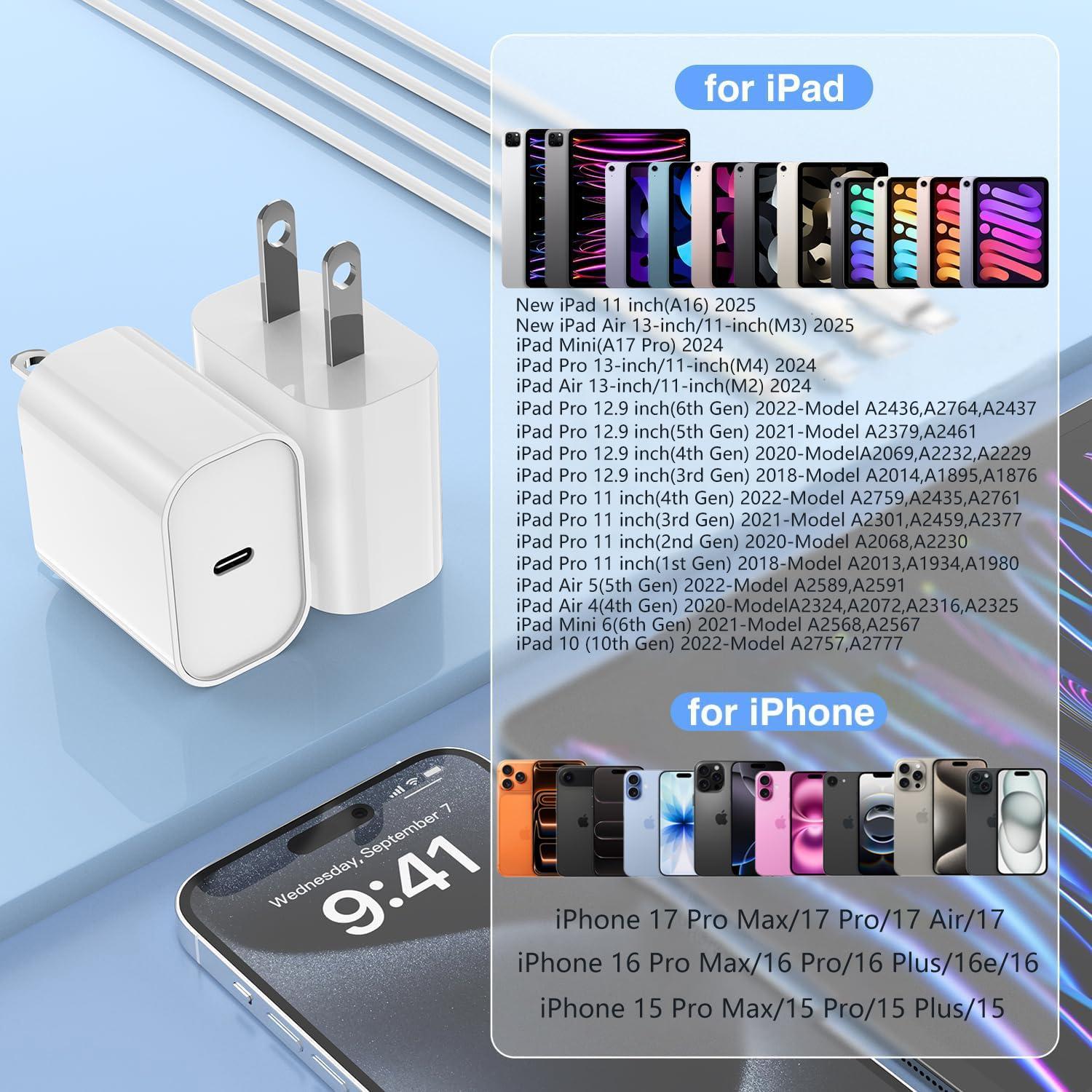 BikeAnything Fast Charging for iPad Air 13(M2)/5/4th 2Pack,20W Type C Fast Charger with USB C to C Cable for IPhone 15/Plus/Pro/Pro Max,iPad Pro 13/11-inch M4/M2,iPad Pro 12.9/11 inch 2024/22/21/20/18,iPad 10/Mini