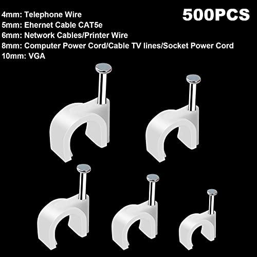 Marvelity 500pcs Cable Clips with Steel Nail in Cable Clips White 4mm 5mm 6mm 8mm 10mm Cable Wire Clips Cable Wall Clip Wire Staples Cord Clips for Wall Coaxial Cable Staples RG6 RG59 CAT6 RJ45 Wire Clips