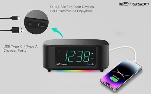 Emerson Emerson CKS8888 6-Watt Smartset Stereo Sound Bluetooth Speaker AM/FM Radio with 7-Color Changing Lights, 1.2 Cyan Display and USB Type-C Charging, Black