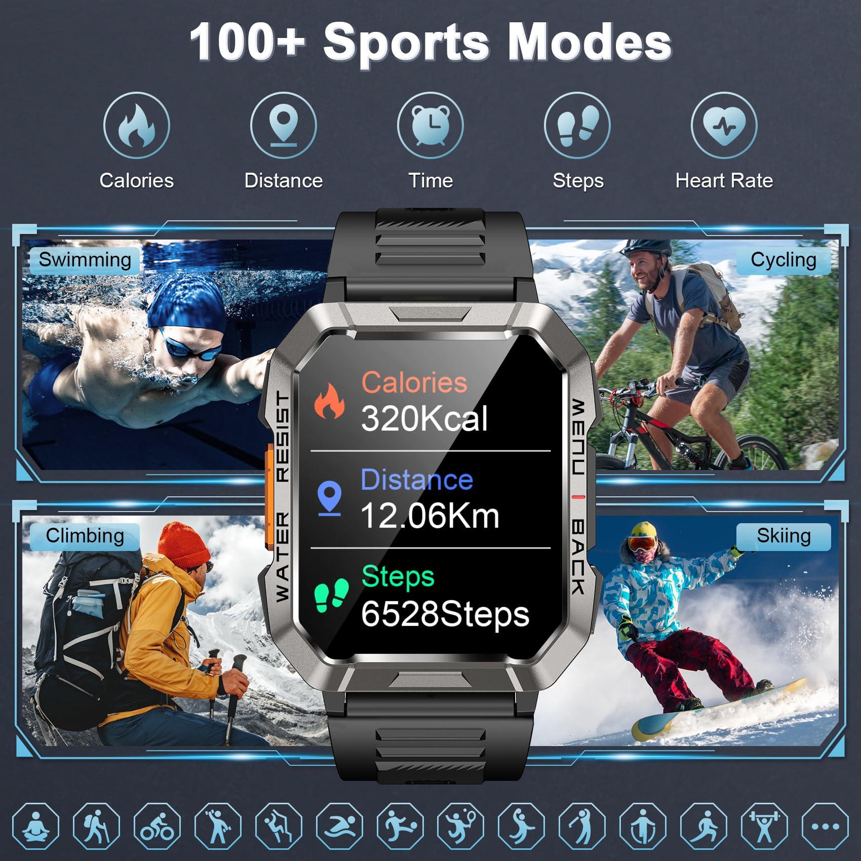 Blackview Military Smart Watch for Men(Answer/Make Call), Outdoor Sports Smartwatch with Flashlight/100 Days Battery/Compass/Heart Rate/SpO2/Sleep Monitor/2 Straps, Fitness Tracker for iPhone/Android Phones