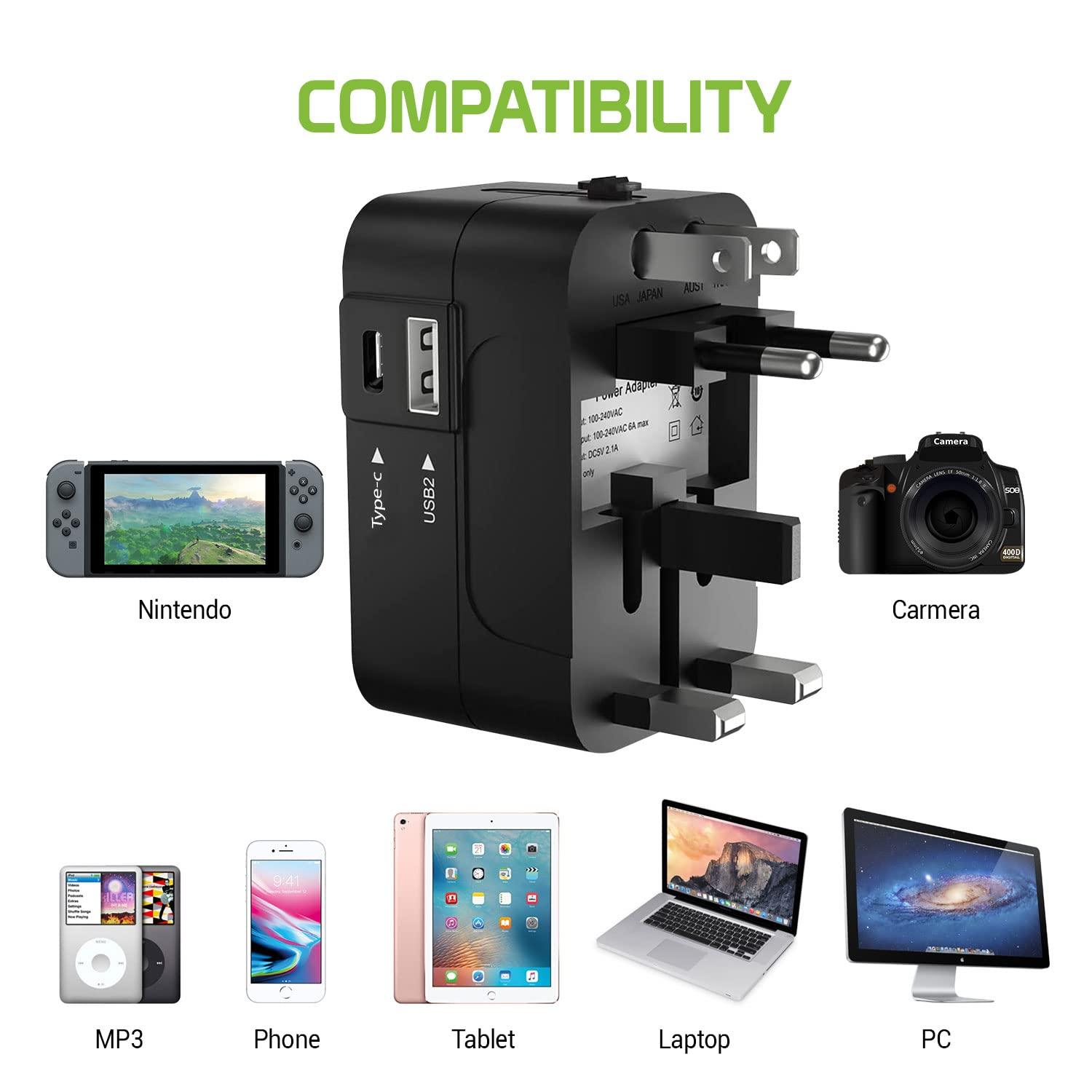 Cellet Portable Worldwide Universal Power Adapter Converter All in One International Wall Charger Plug for Wall Plug Input in USA EU UK France Italy Australia India Outlets (with USB-A and USB-C)