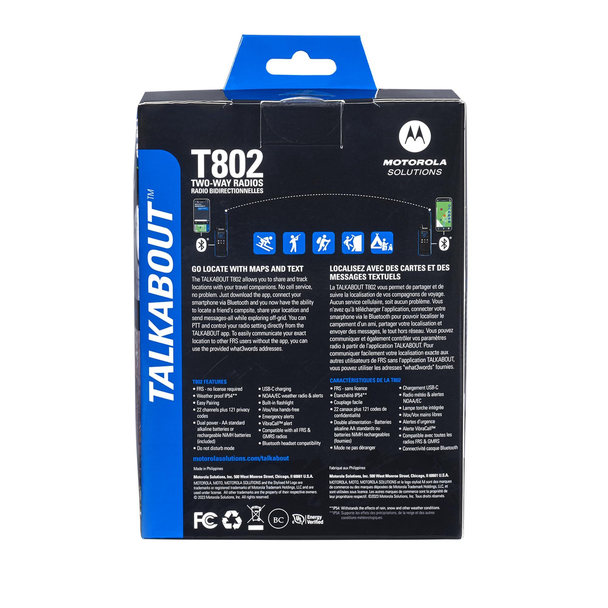 Motorola Solutions Motorola Solutions, Portable FRS, T802, Talkabout, Two-Way Radios, Emergency Preparedness, Rechargable, 22 Channel, 35 Mile, Black W/Blue, 4 Pack