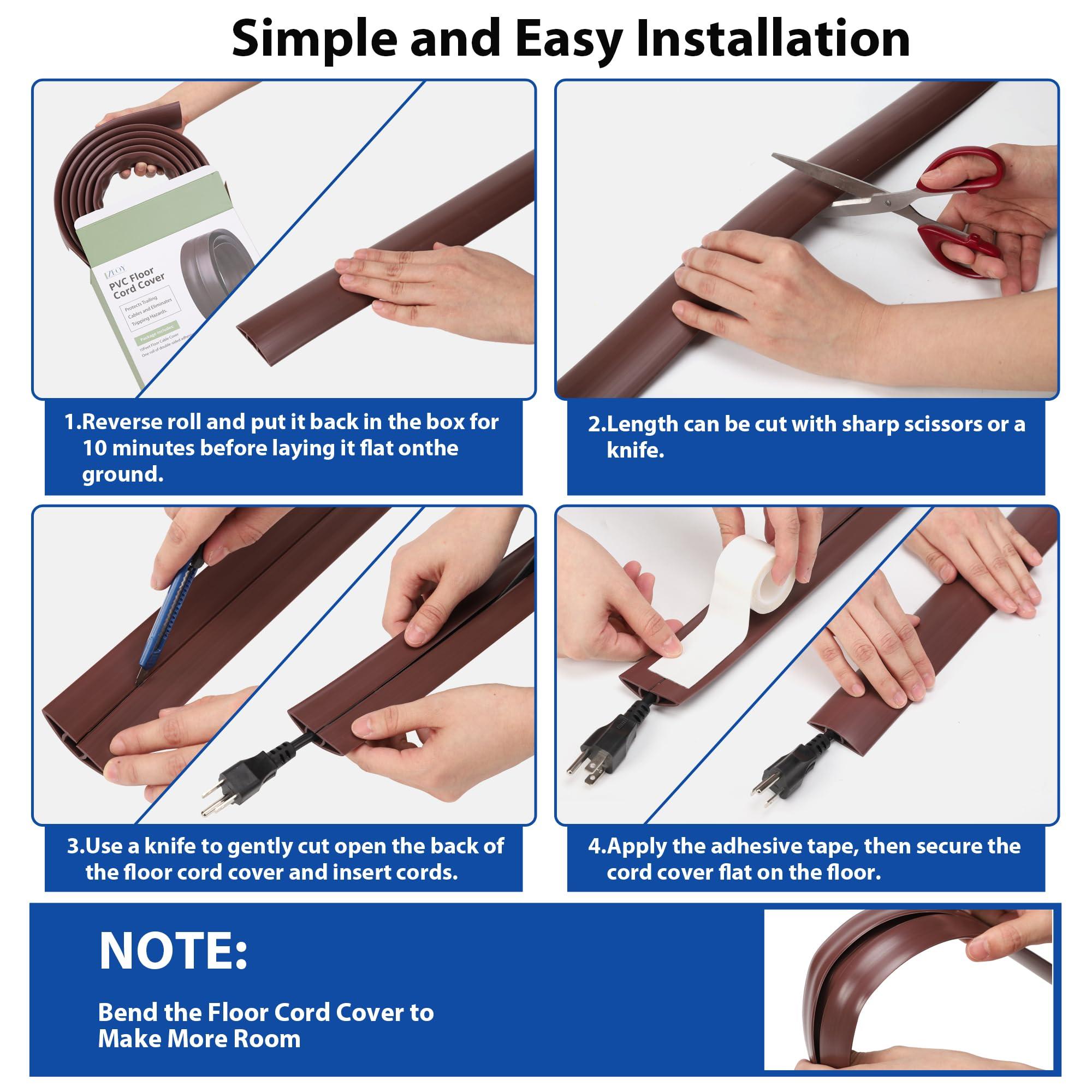 LZEOY Floor Cord Cover 4FT, Wood Brown Cord Hider Floor, Soft PVC Cord Protector Floor, Hide Extension Floor Wire Covers for Cords, Organizer Wires Floor Cable Cover, Cable Cavity: 0.47" (W) x 0.24" (H)