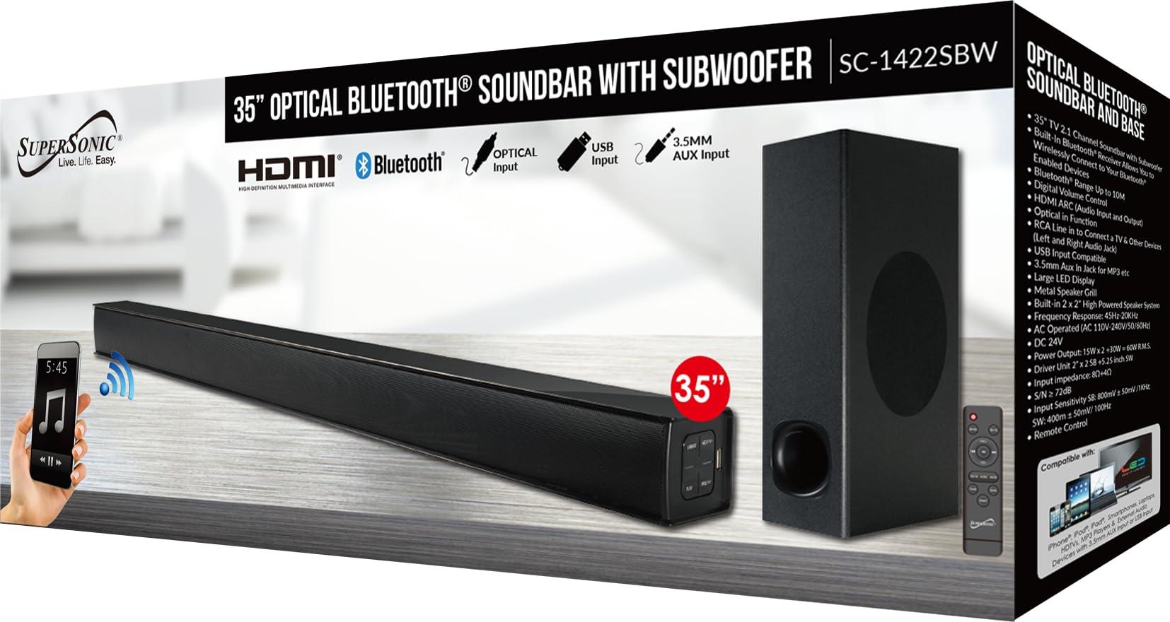 Supersonic Supersonic SC-1422SBW 35-inch Optical Bluetooth Soundbar and Subwoofer HDMI ARC, USB, LED Display, Remote for Monitor Speaker Home Theater Surround System PC Gaming (35-inch)