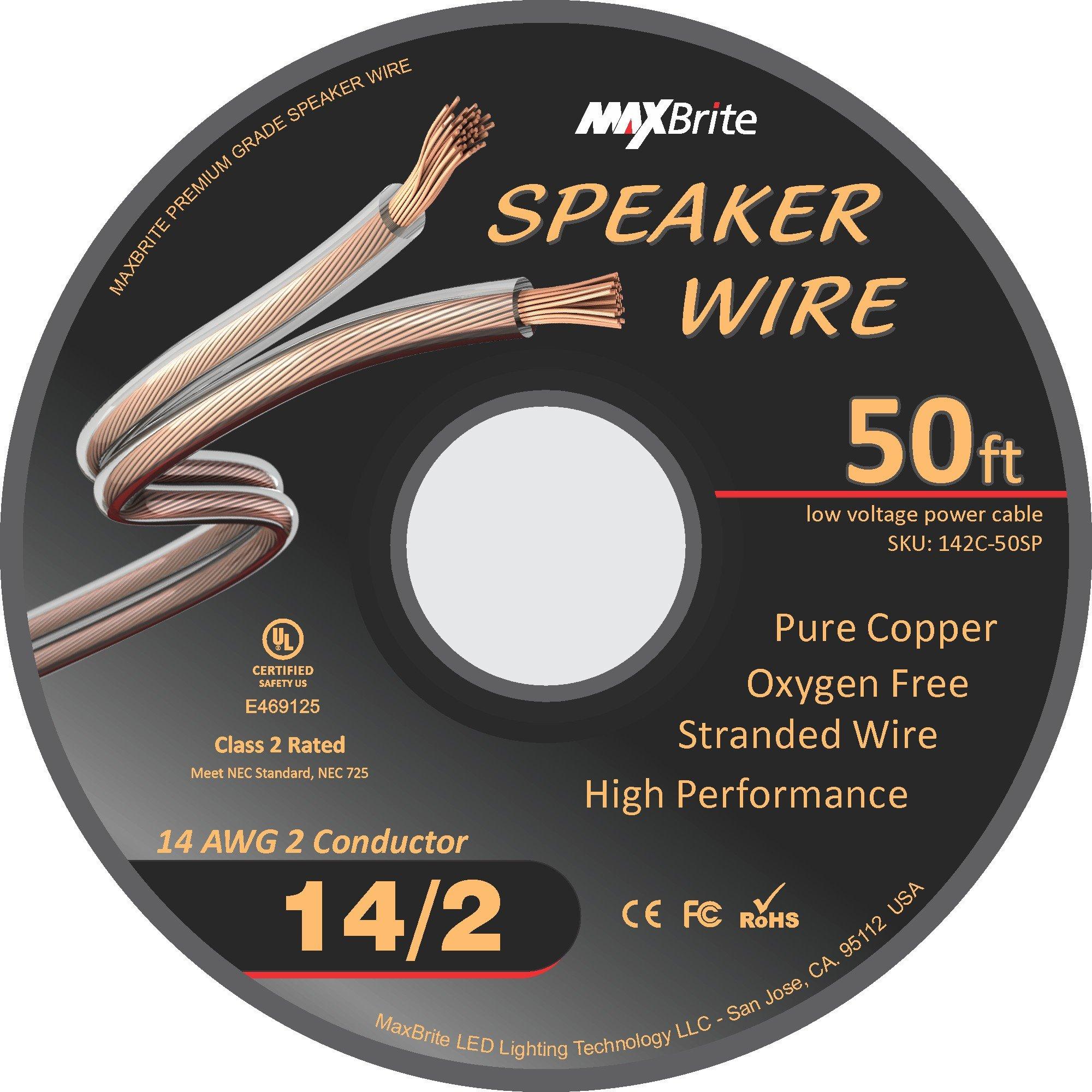 MaxBrite High Performance 14 Gauge Speaker Wire, Oxygen Free Pure Copper - UL Listed Class 2 (50 Feet Spool)