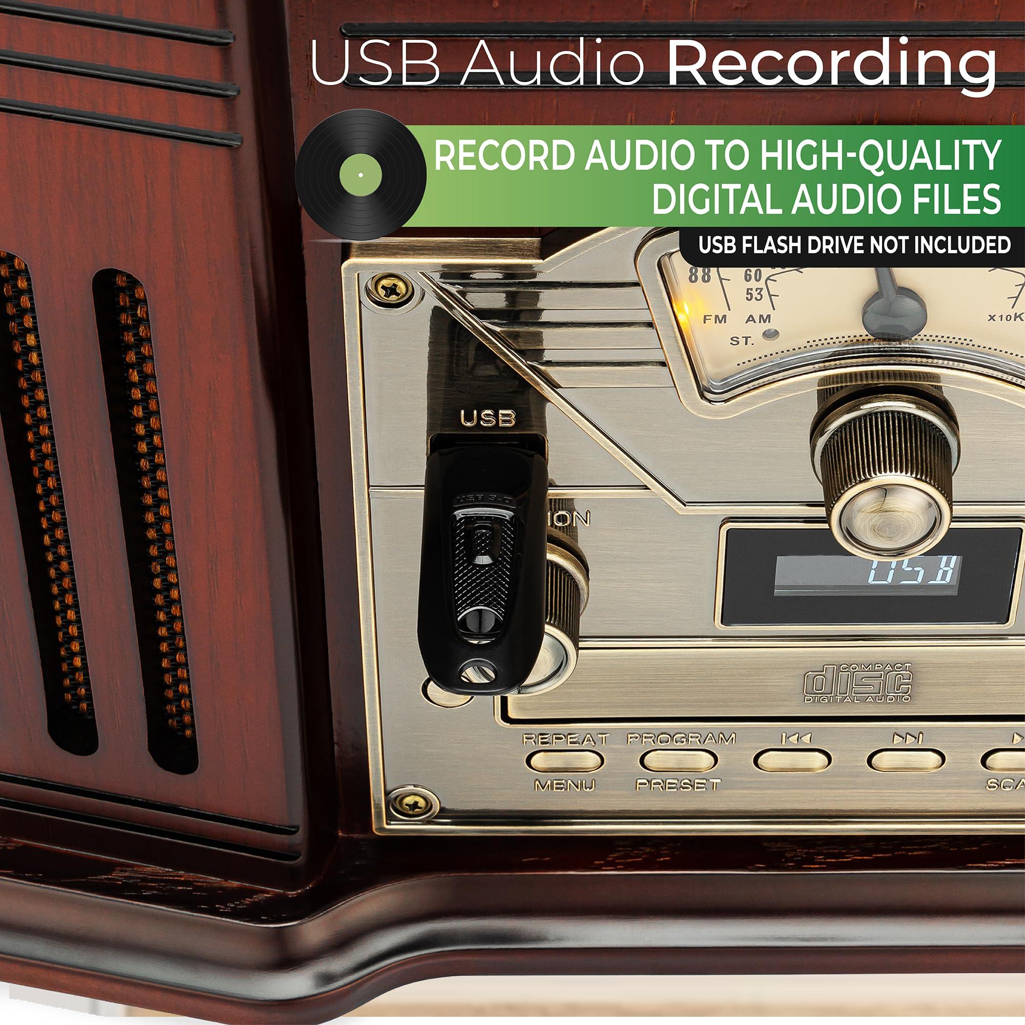 ClearClick ClearClick All-in-One Turntable with 3-Speed Record Player, Bluetooth, CD, Cassette Tape, AM/FM Radio, Aux, USB, Built-in Speakers, Handmade Wooden Exterior