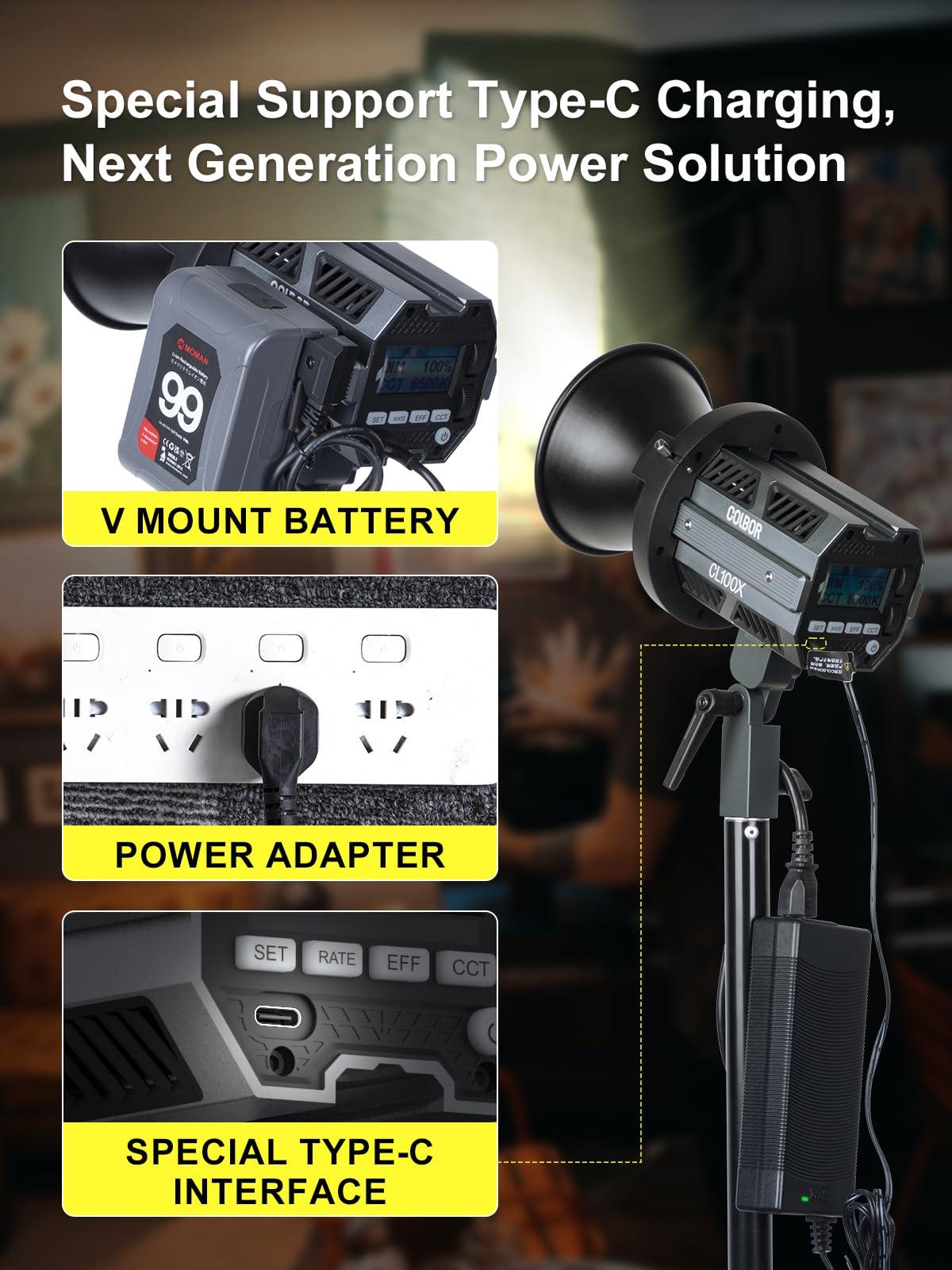 Moman Video Light, Colbor CL100X 110W Bi-Colour Video Light 2700K-6500K CRI97+ COB Continuous Aluminium with Bowens Mount APP Control 10 Light Effect for Photography, Daylight LED Video Light Photo Studio