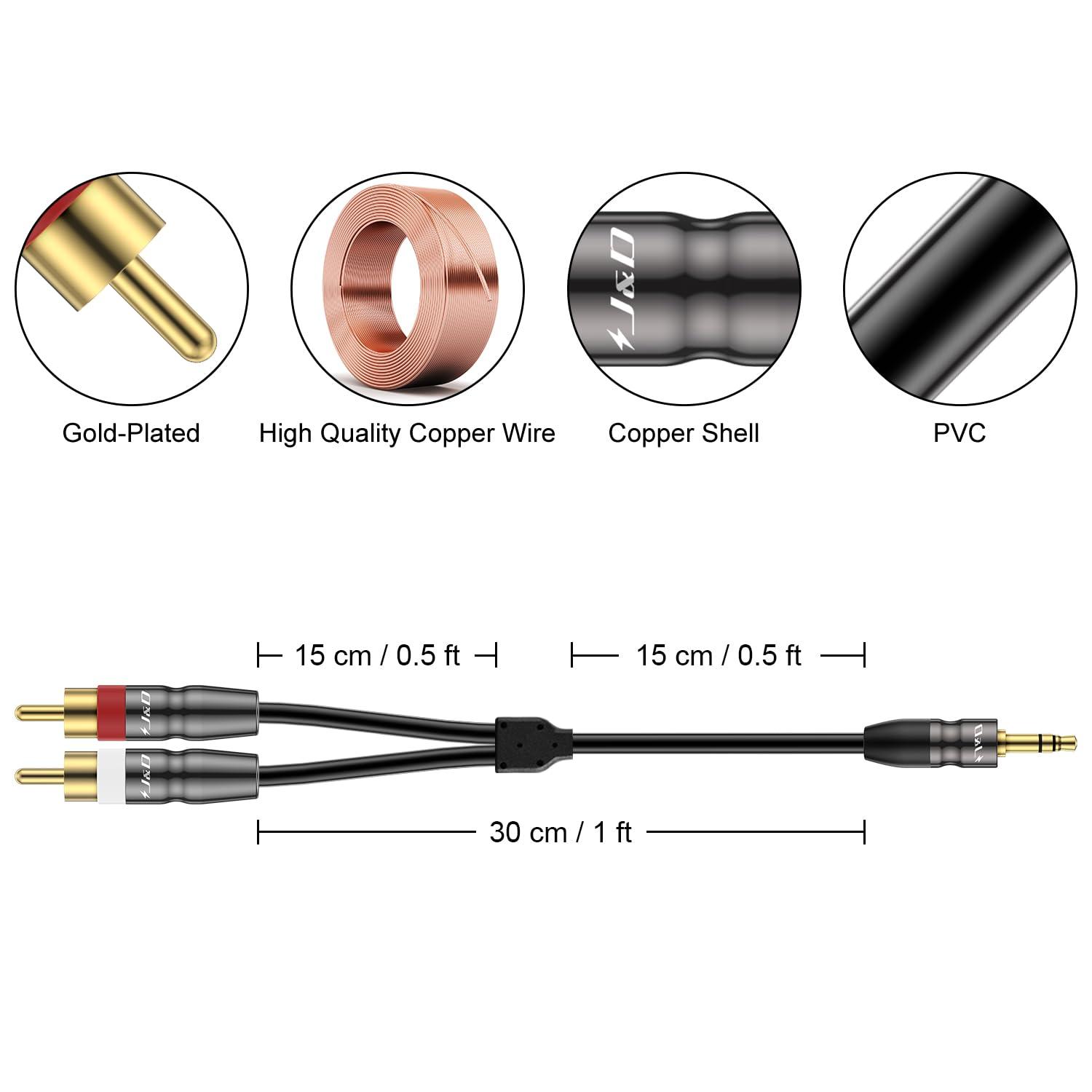 J&D J&D 3.5 mm to Dual RCA Male Stereo Audio Cable, Heavy Duty RCA Cable Gold Plated Copper Shell 3.5mm Male to 2 RCA Male Cable for Smartphone/MP3 Player/Tablet, 1 Feet