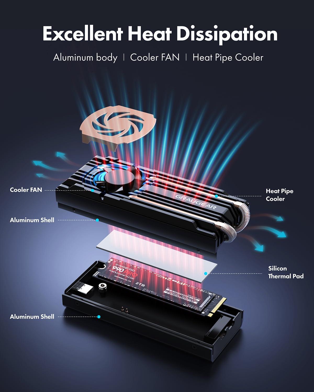 GRAUGEAR GRAUGEAR 40Gbps M.2 NVMe SSD Enclosure, USB4 NVMe SSD Enclosure with Cooling Fan and Dual-Pipe Heatsink Aluminum, Thunderbolt 4/3, ASM2464PD Chip