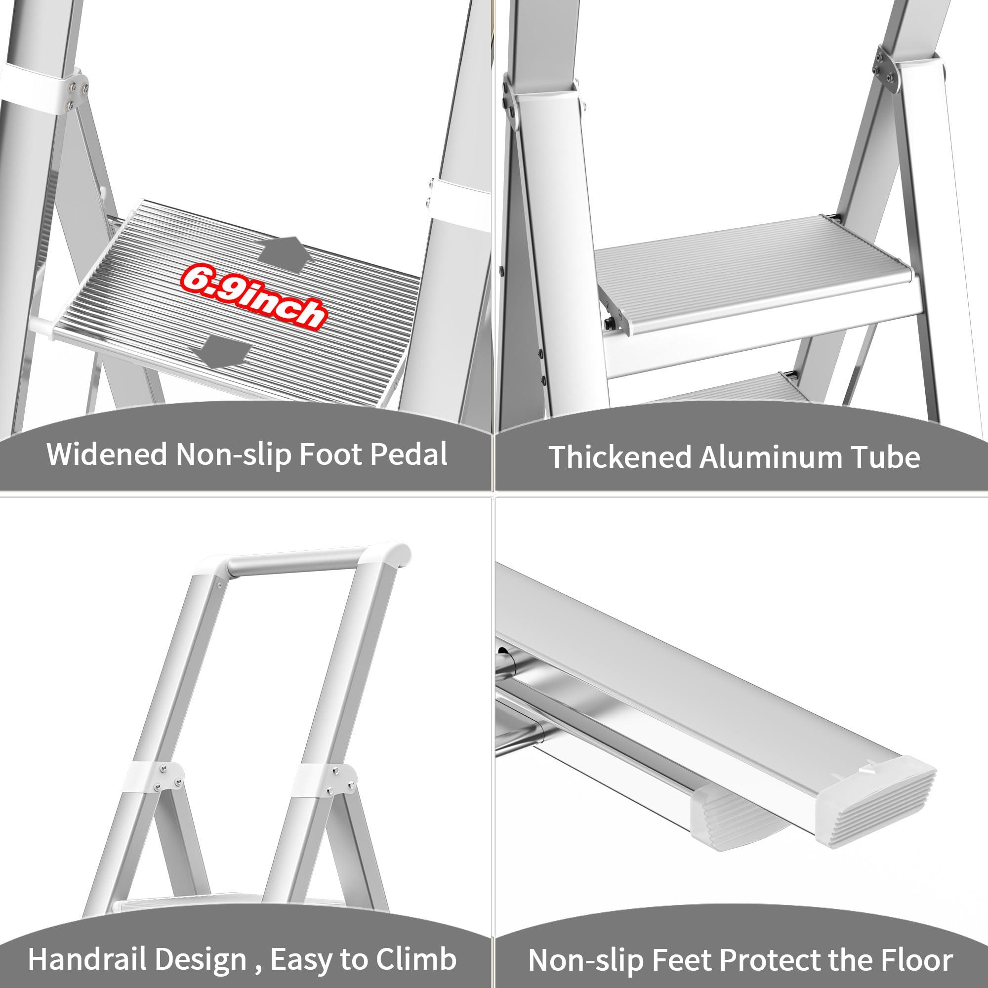 Soladder SOLADDER 5 Step Ladder, Folding Step Stool, White Foldable Ladder for 10 Foot High Ceiling with Anti-Slip Wide Sturdy Pedal and Handgrip, Multi-Use for Home (300 lbs Capacity)