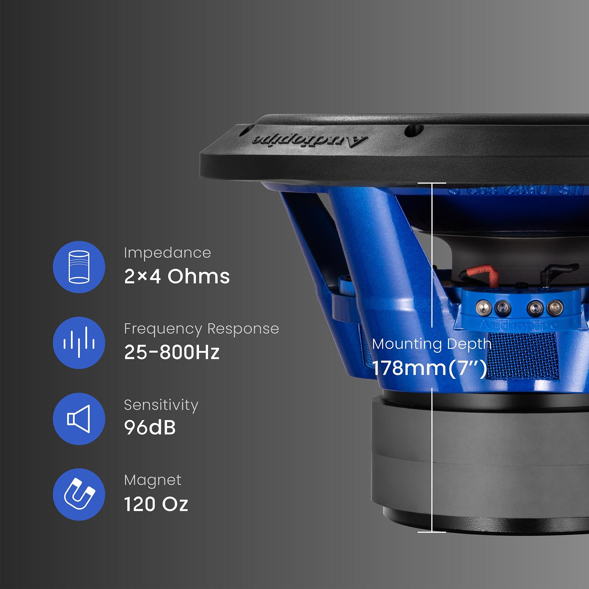 Audiopipe Audiopipe 12" Eye Candy Aluminum Cone Subwoofer (TXX-APD-12BL), Superior Performance, 1600 Watts, 120 Oz Magnet, BASV Voice Coil, Aluminum Basket, Sleek Candy Blue, Multi-Connect Terminals