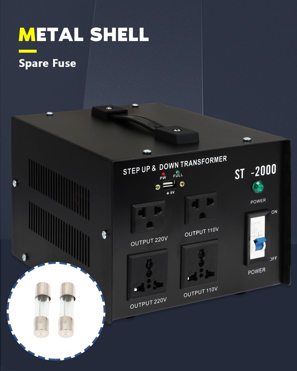 FAHKNS Voltage Converter Transformer 2000w,Step Up/Down Power Converter AC 110v to 220v / 220v to 110v,Transformer Converter with Two Spare Fuses,2 Universal Sockets,2 US Outlets,Circuit Breaker Protection