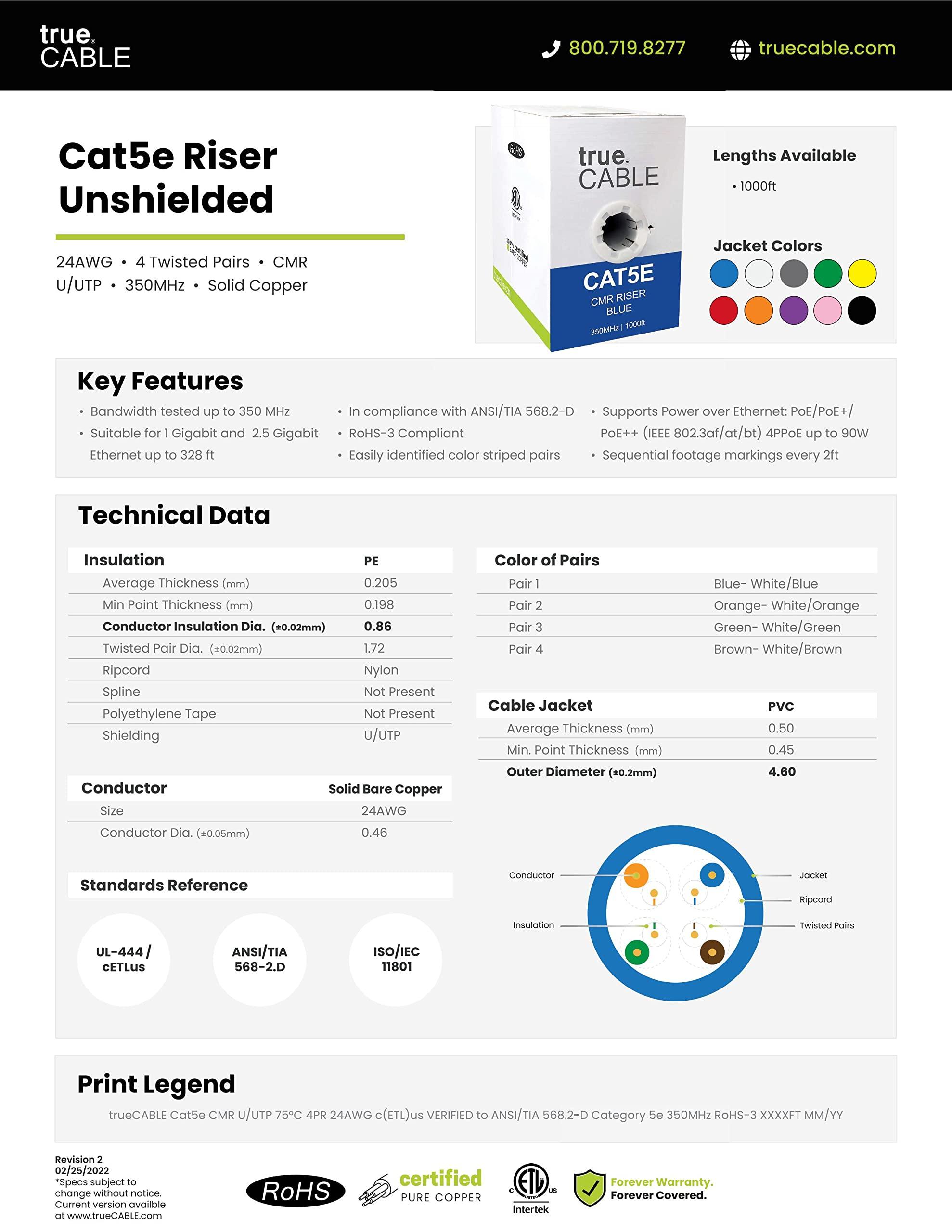 TRUE CABLE trueCABLE Cat5e Riser (CMR), 1000ft, Black, 24AWG 4 Pair Solid Bare Copper, 350MHz, PoE++ (4PPoE), ETL Listed, Unshielded Twisted Pair (UTP), Bulk Ethernet Cable
