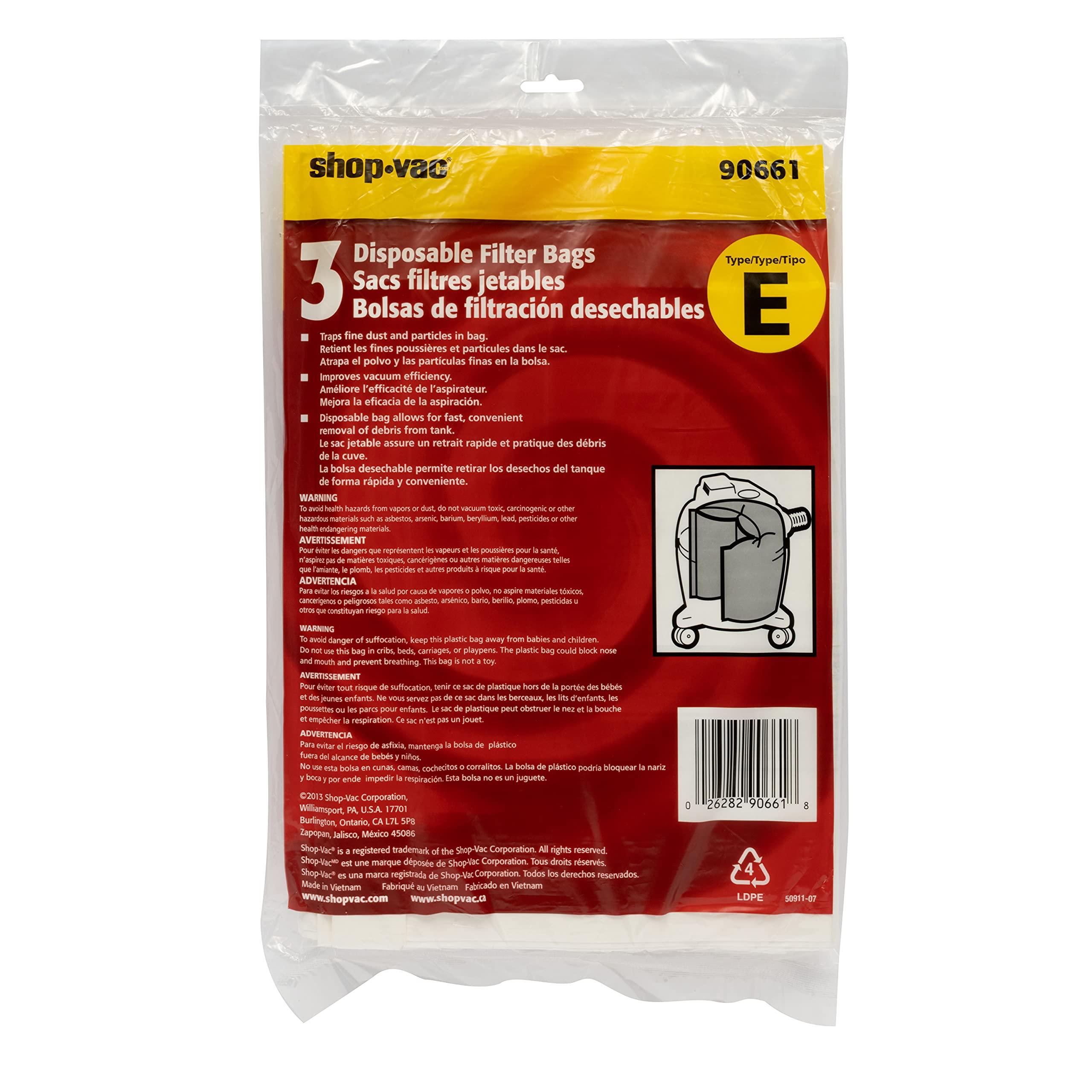 Shop-Vac Shop-Vac 9066133 Disposable Filter Bags, Fits 5-8 Gallon Vacs, For Dry Pick-Up Only, White Paper, (3-Pack)