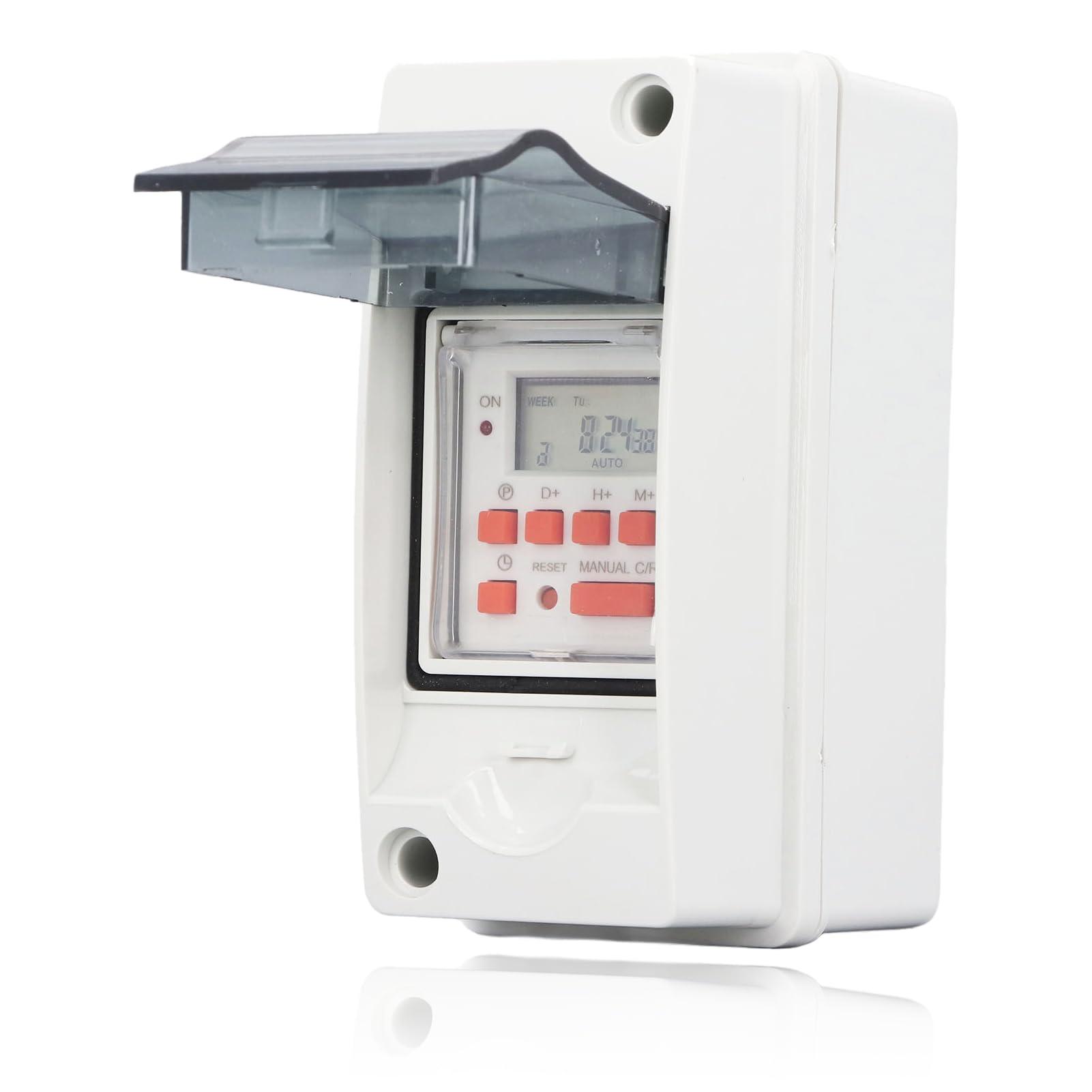 Dpofirs Programmable Digital Timer Switch for Pool Pumps, Heaters, Filters, 7-Day 28 ONOFF Timer Settings, AC85-265V LCD Display Digital Timer Switch with Waterproof Box