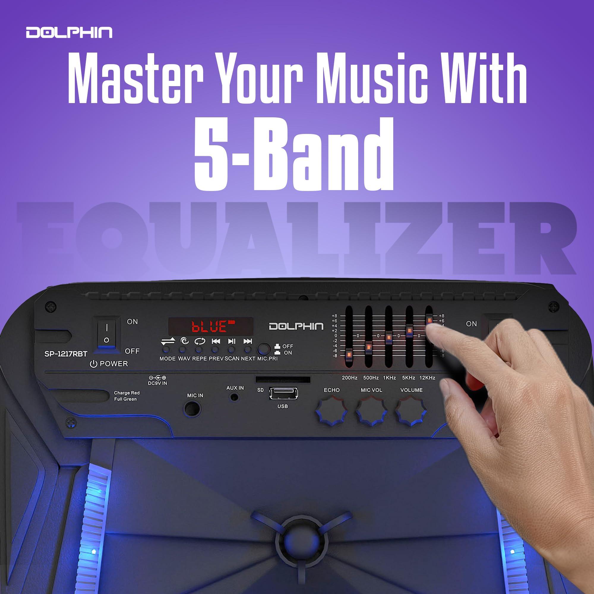 Dolphin Dolphin 12-Inch Rechargeable Bluetooth Party Speaker High Power Sound, TWS Compatibility, LED Lights, 5-Band Equalizer, Portable Design with Trolley and Wheels