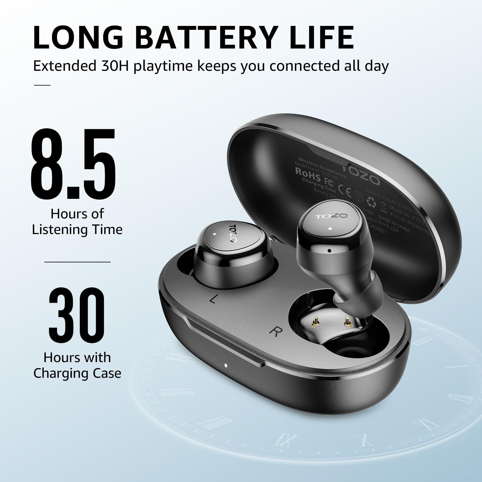 TOZO TOZO E1 Wireless Earbuds Build in Mic Clear Calls Ergonomic Light Weight Bluetooth 5.3 in Ear Headphones IPX6 Waterproof Premium Stereo Sound Ear Buds 30H Playtime with 32 EQs via APP, Black