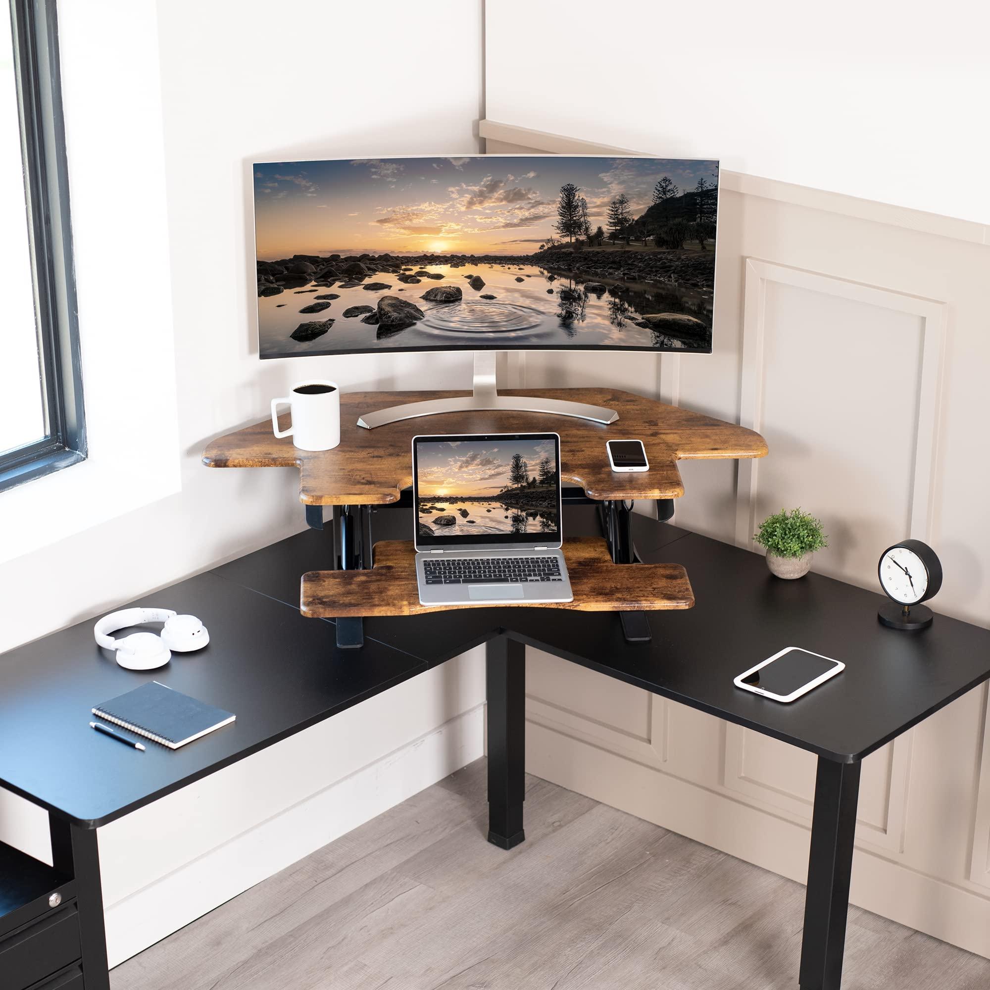 VIVO VIVO 43 inch Corner Height Adjustable Cubicle Stand Up Desk Converter, V Series, Quick Sit to Stand Tabletop Dual Monitor Riser Workstation, Rustic Vintage Brown, DESK-V000VCN