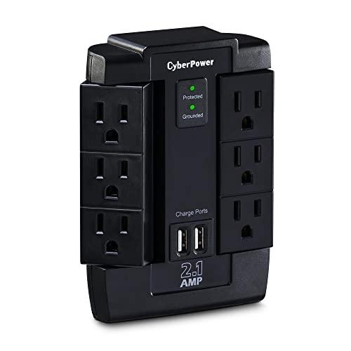 CyberPower CyberPower CSP600WSU Surge Protector, 1200J/125V, 6 Swivel Outlets, 2 USB Charging Ports, Wall Tap Design, Black