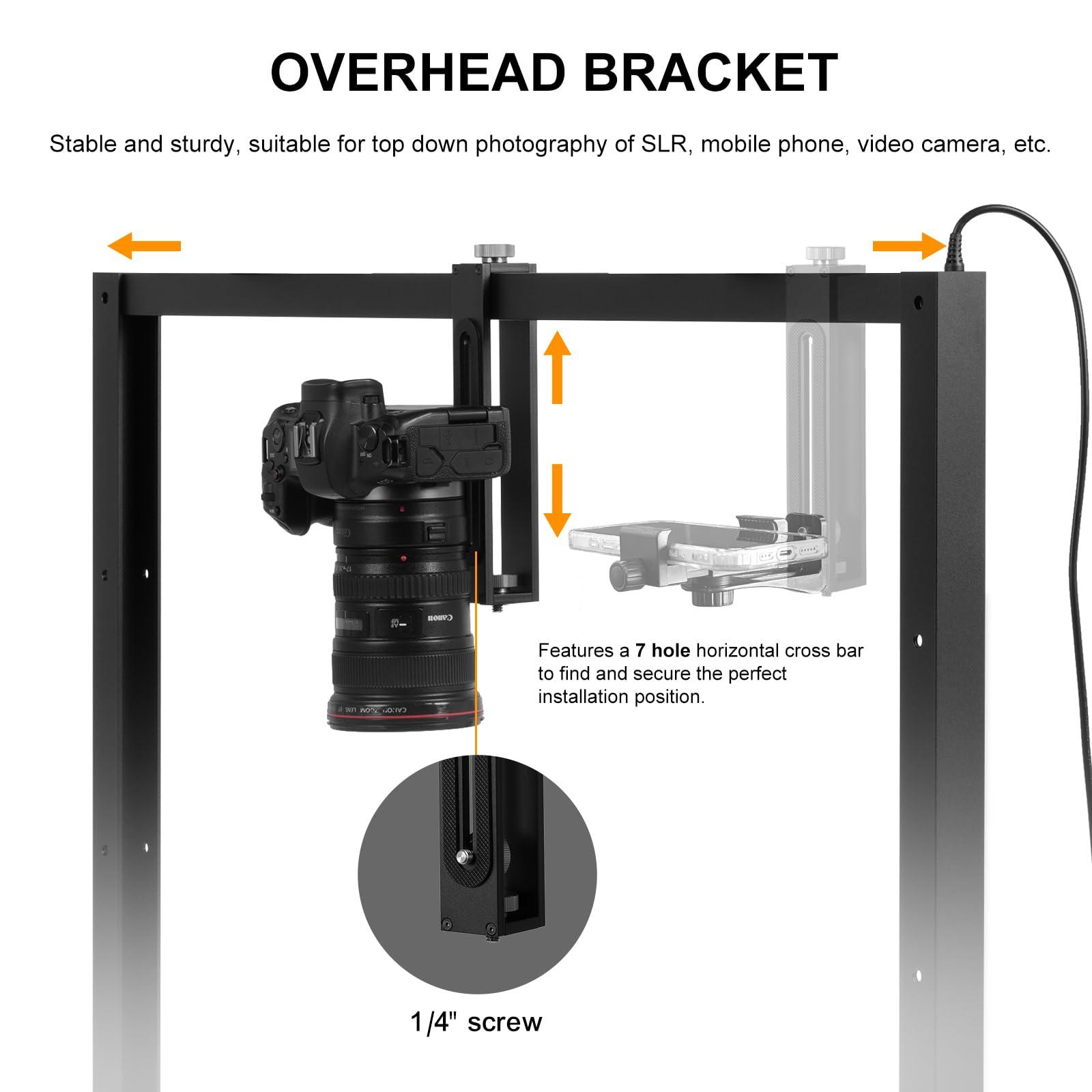 Gltire Gltire Overhead Camera Mount Rig Top-Down Shots with 5600K Led Photography Lighting, Table Top Desk Mount Stand for Camera DSLR Photo Video DIY Art Studio Painting Vlogging with Phone Grip/Clamps