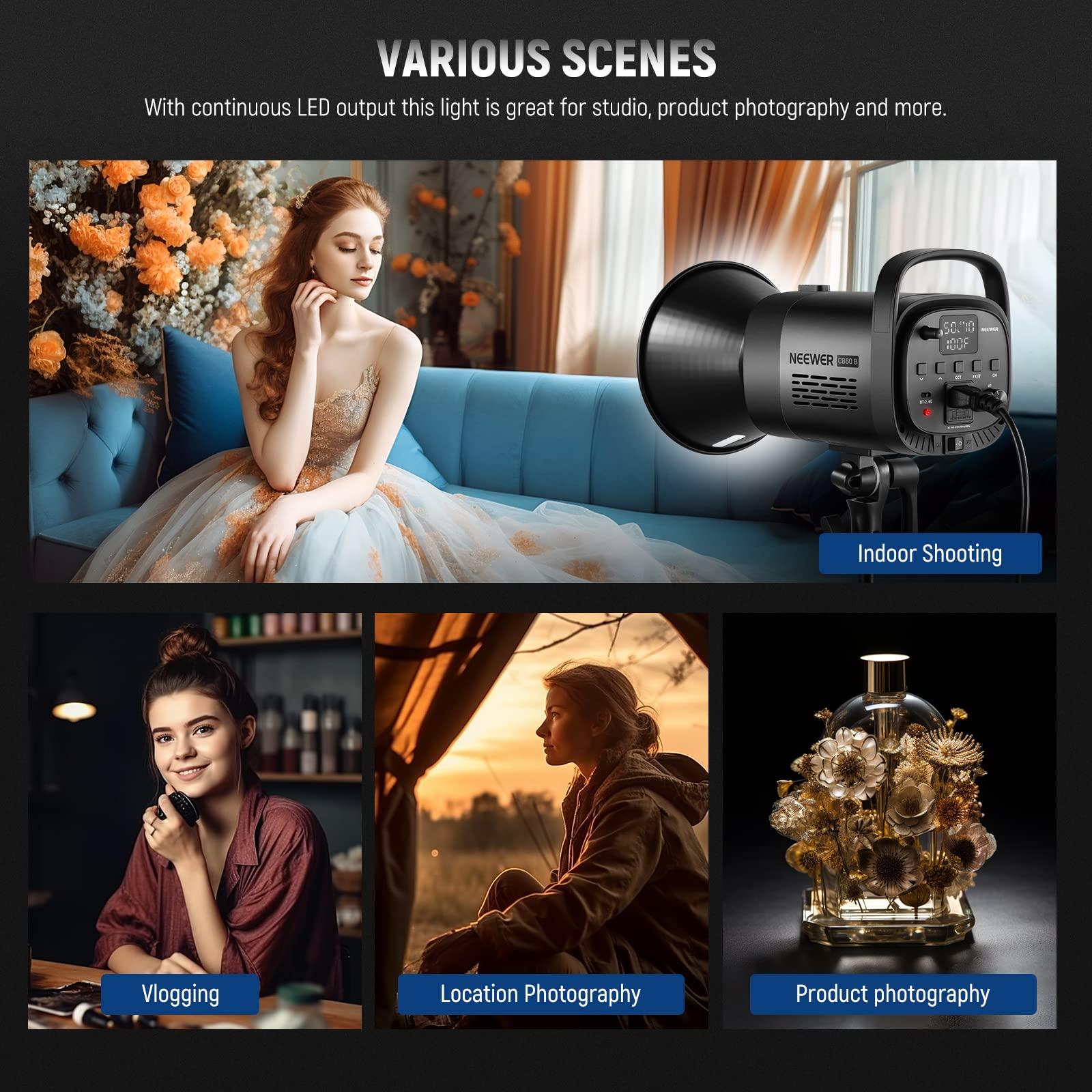 Neewer NEEWER CB60B 70W LED Video Light with 2.4G&APP Control, COB Bi Color 2700K-6500K 34000Lux at 1m/CCT Mode/CRI97+/12 Scenes/Bowens Mount Continuous Output Lighting for Studio Photograpny/Video Recording