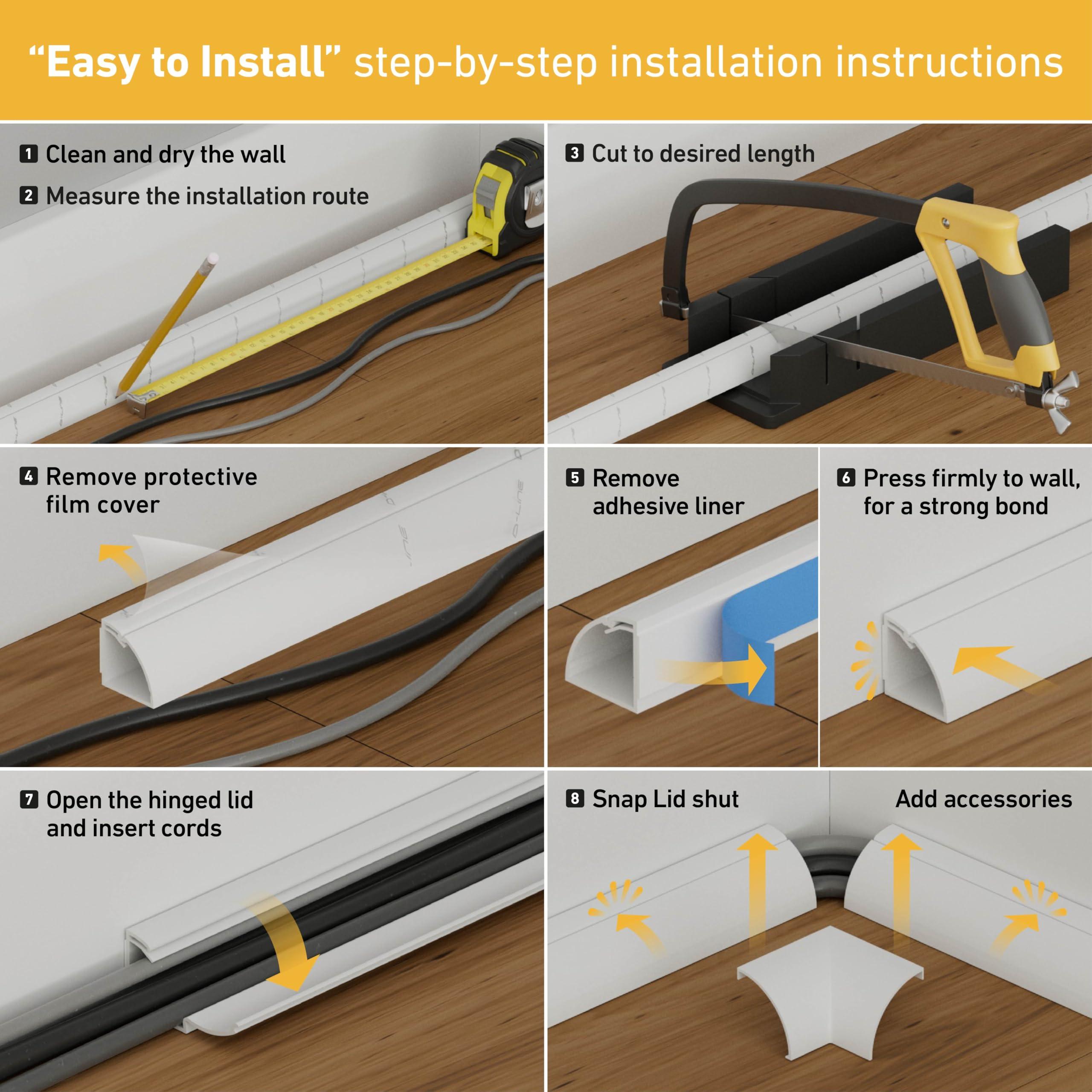 D-Line D-Line 39\" White Quarter Round Cable Raceway, Corner Cord Cover, Self-Adhesive Floor Molding with Wire Channel, Baseboard Cable Hider - 0.87\" (W) x 0.87\" (H) x 39-inch Length - White