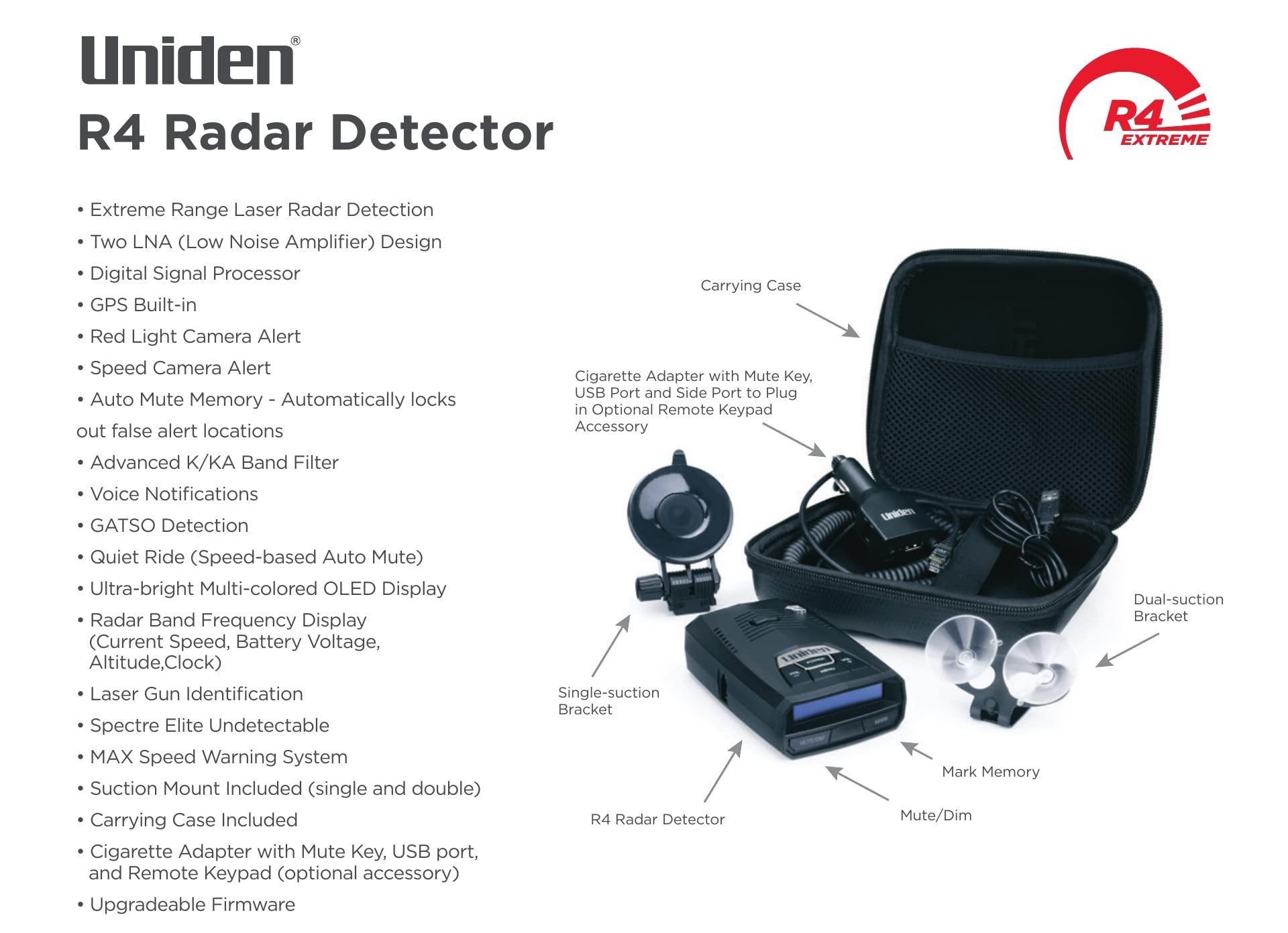 Uniden UNIDEN R4 Extreme Long-Range Laser/Radar Detector, Record Shattering Performance, Built-in GPS w/AUTO Mute Memory, Voice Alerts, Red Light & Speed Camera Alerts, Multi-Color OLED Display