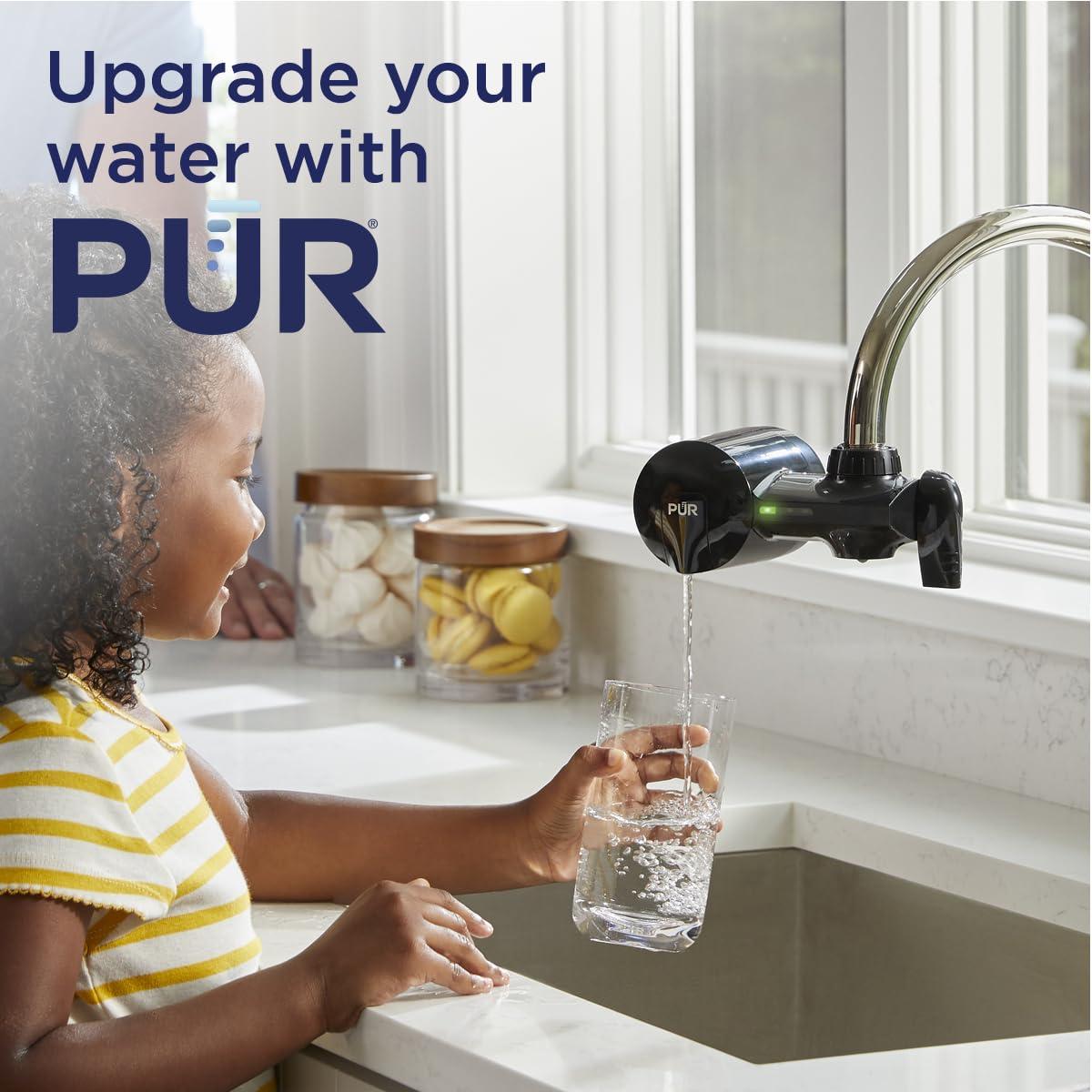 PUR PUR Horizontal Faucet Mount Water Filtration System with Lead Reducing Filter for Cleaner, Filtered Tap Water, Lasts 100 Gallons, Sink Water Filter, Fits Most Kitchen or Bathroom Faucets, Black