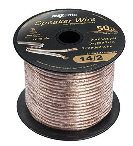 MaxBrite High Performance 14 Gauge Speaker Wire, Oxygen Free Pure Copper - UL Listed Class 2 (50 Feet Spool)