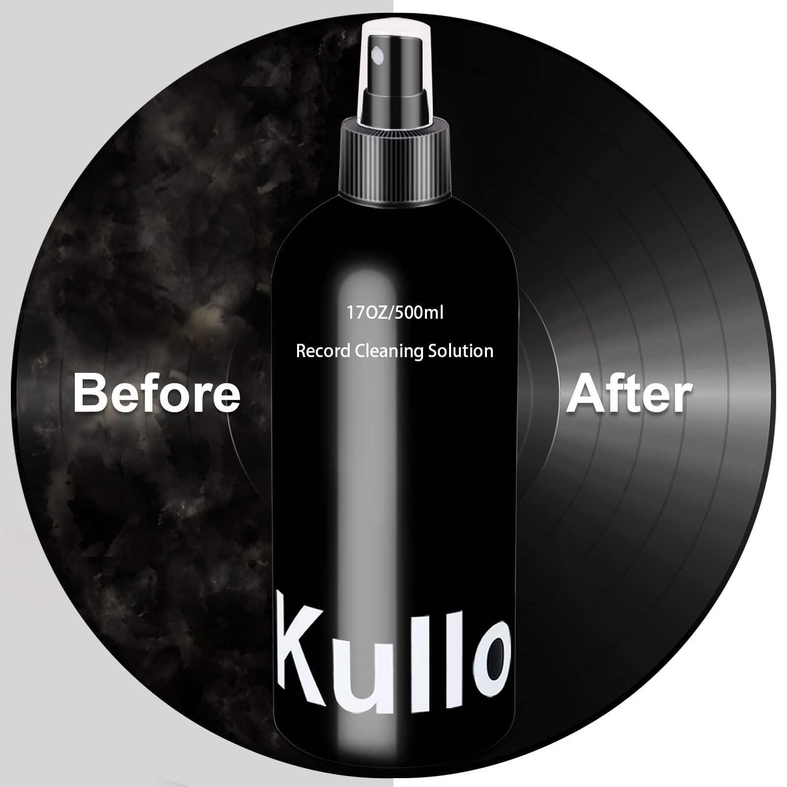 kulloomii Vinyl Record Cleaner Solution 17oz/500ml, 4Pcs Vinyl Record Cleaning Kit, Record Cleaning Fluid Spray & Label Protector & Microfiber Cloth & Protector Pad, Record Player Cleaning Kit for LP Album