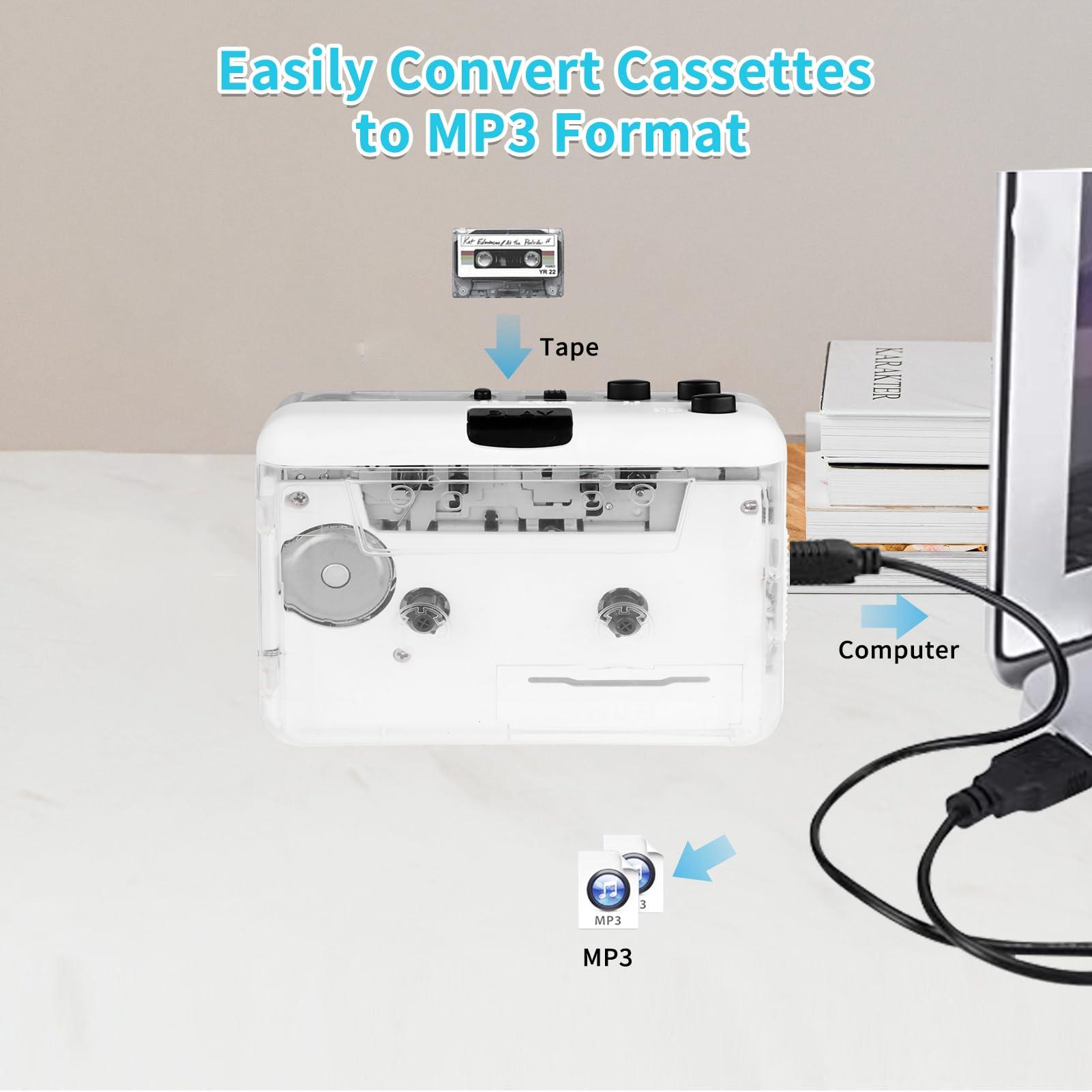 Burtowic Cassette Player- Clear StereoAuto Reverse Cassette Tape Player-Cassette Tape to MP3 Converter with Tape Converter Software-Built-in Cool Copper Wheel MovementEarphone