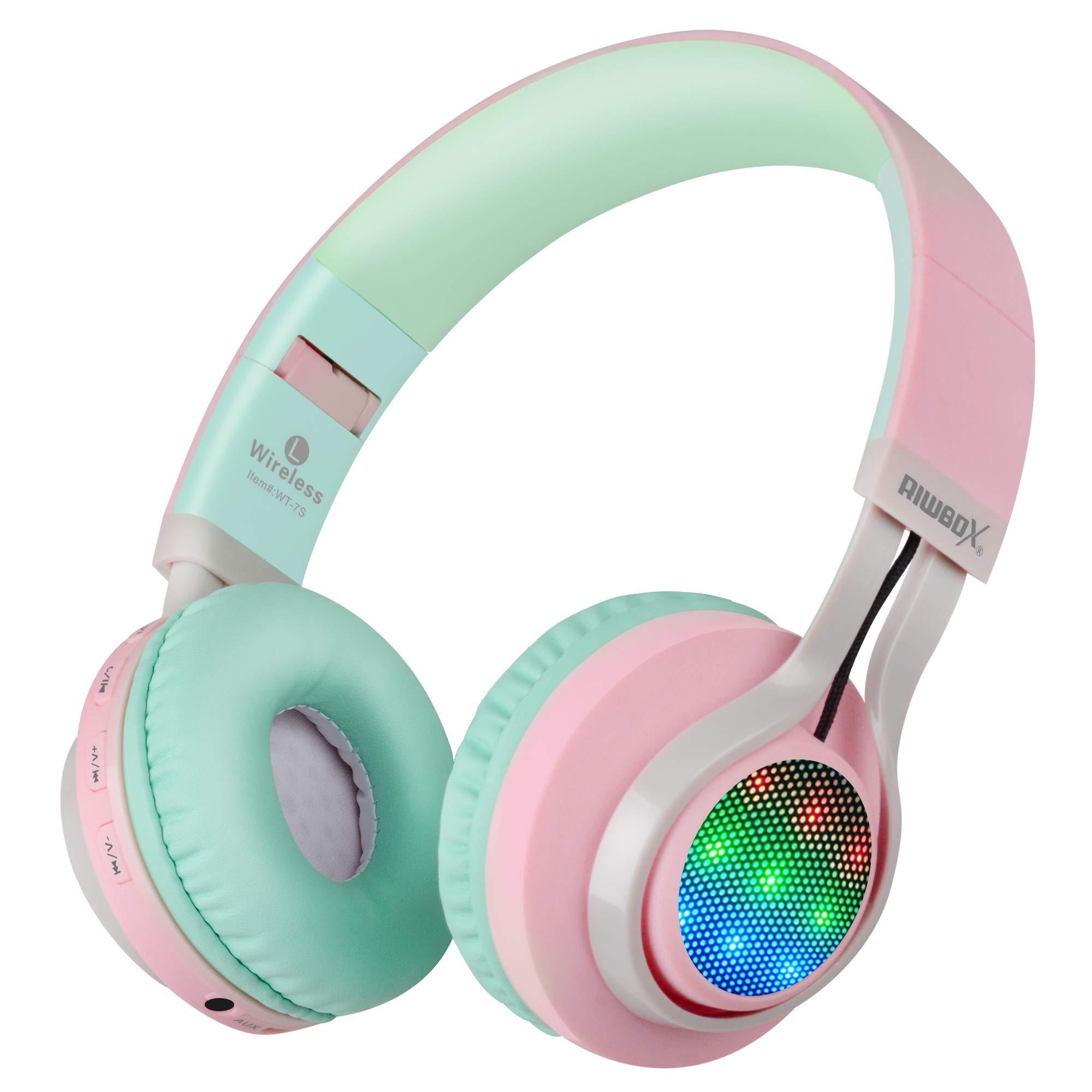Riwbox Riwbox WT-7S Bluetooth Headphones Light Up, Foldable Stero Wireless Headset with Microphone and Volume Control for PC/Tablet/TV/Travel (Pink Green)
