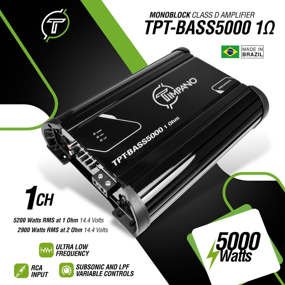 Timpano Timpano 5000 Watts Mono Subwoofer Car Audio Amplifier TPT-BASS5000 1 Ohm 12 Volts 5K Monoblock Class D Car Amp, Built-in Crossover & Bass Boost with Smart Fans