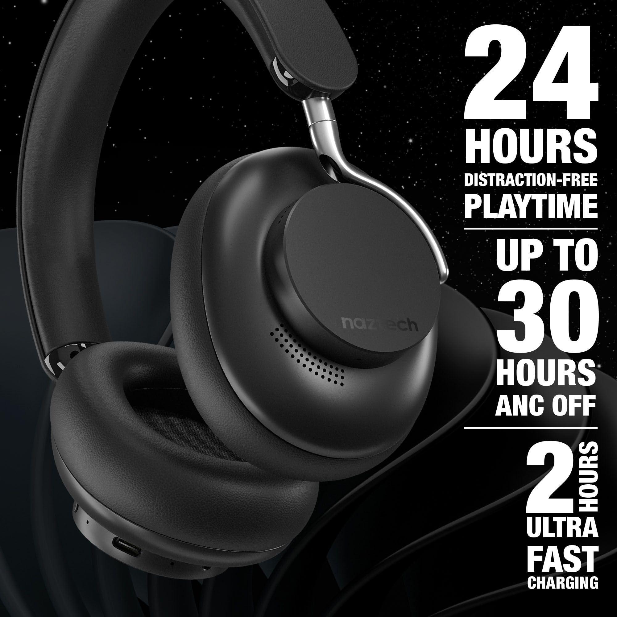 Naztech Naztech Aura 360 Midnight 24HR ANC Over Ear Headphone Wireless, Noise Cancelling Headphones Over Ear, Bluetooth Headphone Gym, Active Noise Cancelling Head Phones, Multipoint Connection Dual Voice Mic