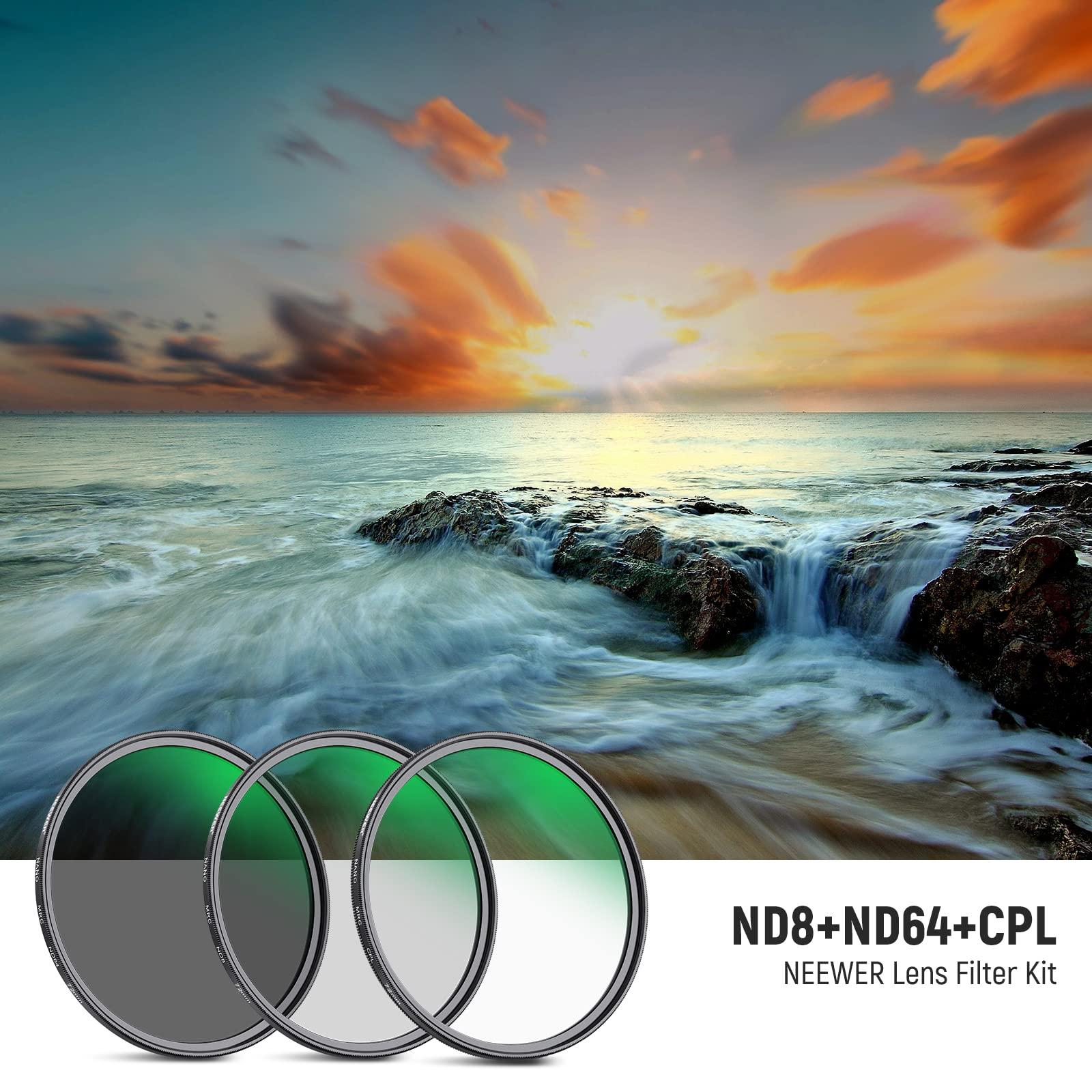NEEWER NEEWER 72mm Lens Filter Kit ND8 ND64 CPL Filter Set, Neutral Density+Circular Polarizer Filter Kit with 30 Layers Nano Coating/HD Optical Glass/Water Repellent/Scratch Resistant/Ultra Slim/Filter Bag