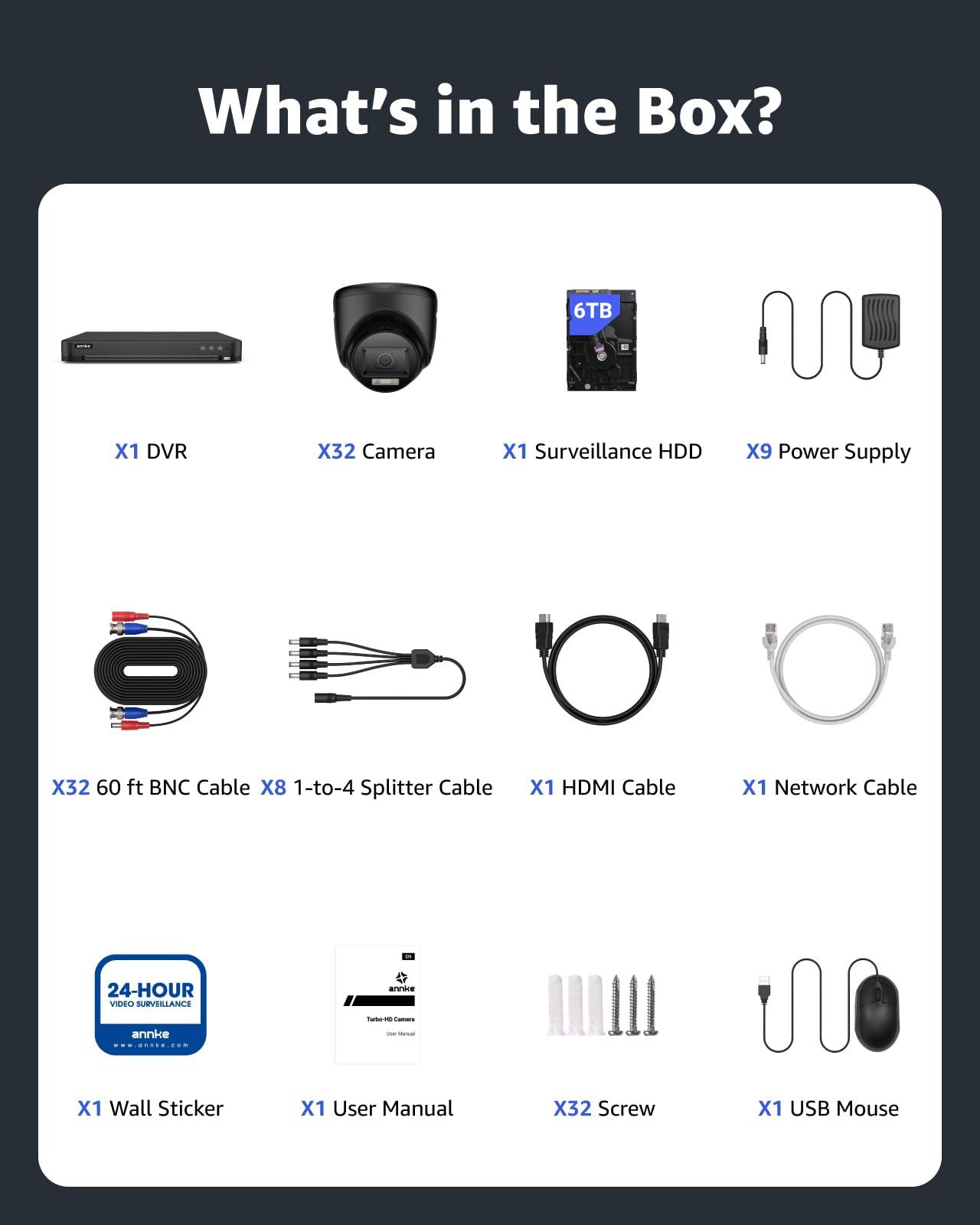 ANNKE ANNKE 32CH Surveillance Camera System, 32 Channels H.265+ 3K Lite DVR, 32PCS 1080P Outdoor CCTV Turret Cameras with Smart Color Night Vision, AI Human/Vehicle Detection, 6TB HDD Included