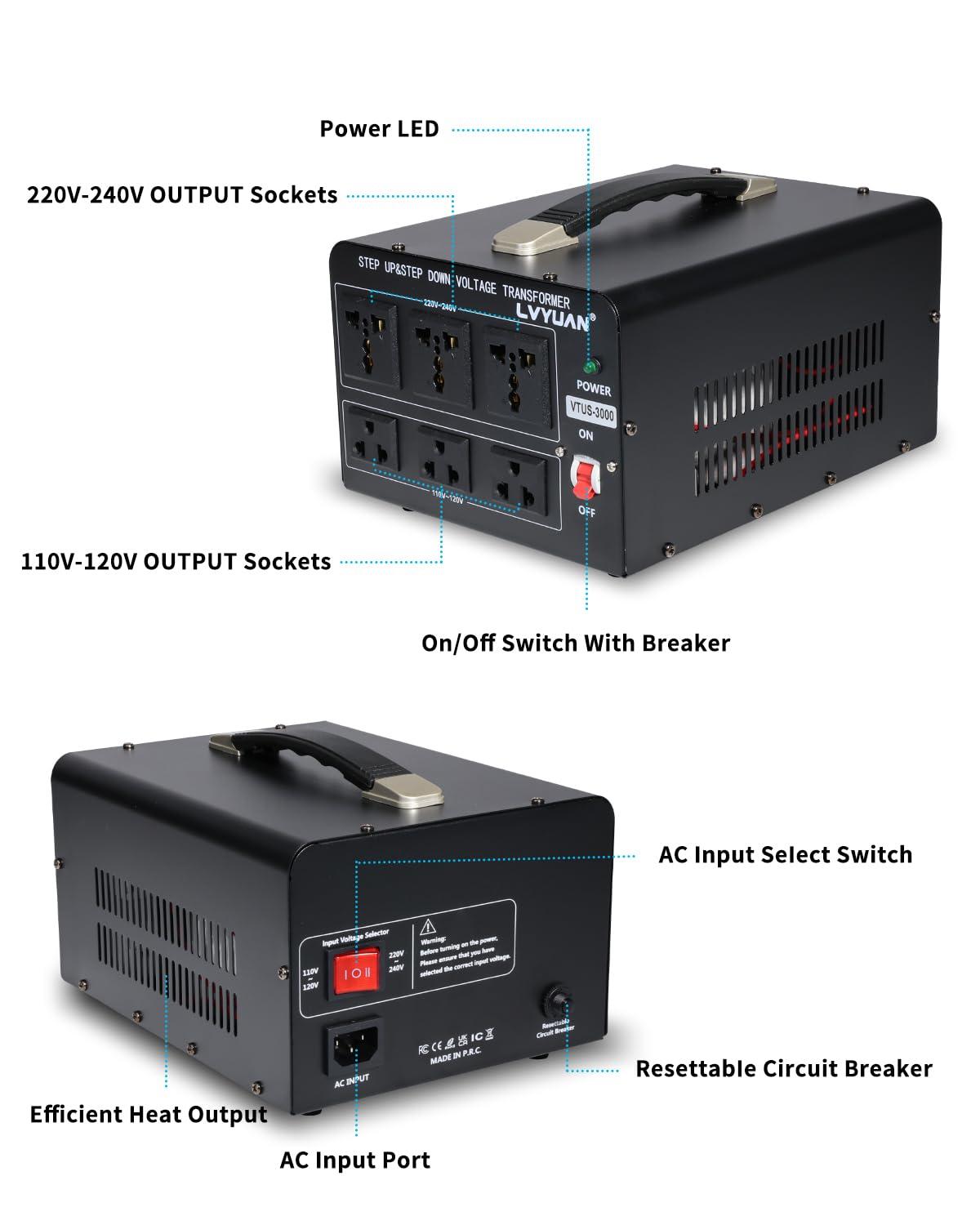 LVYUAN LVYUAN 3000 Watt Voltage Converter Transformer Heavy Duty Step Up/Down AC 110V/120V/220V/240V Power Converter with 3 US Outlets, 3 Universal Outlets, Resettable Circuit Breaker Protection