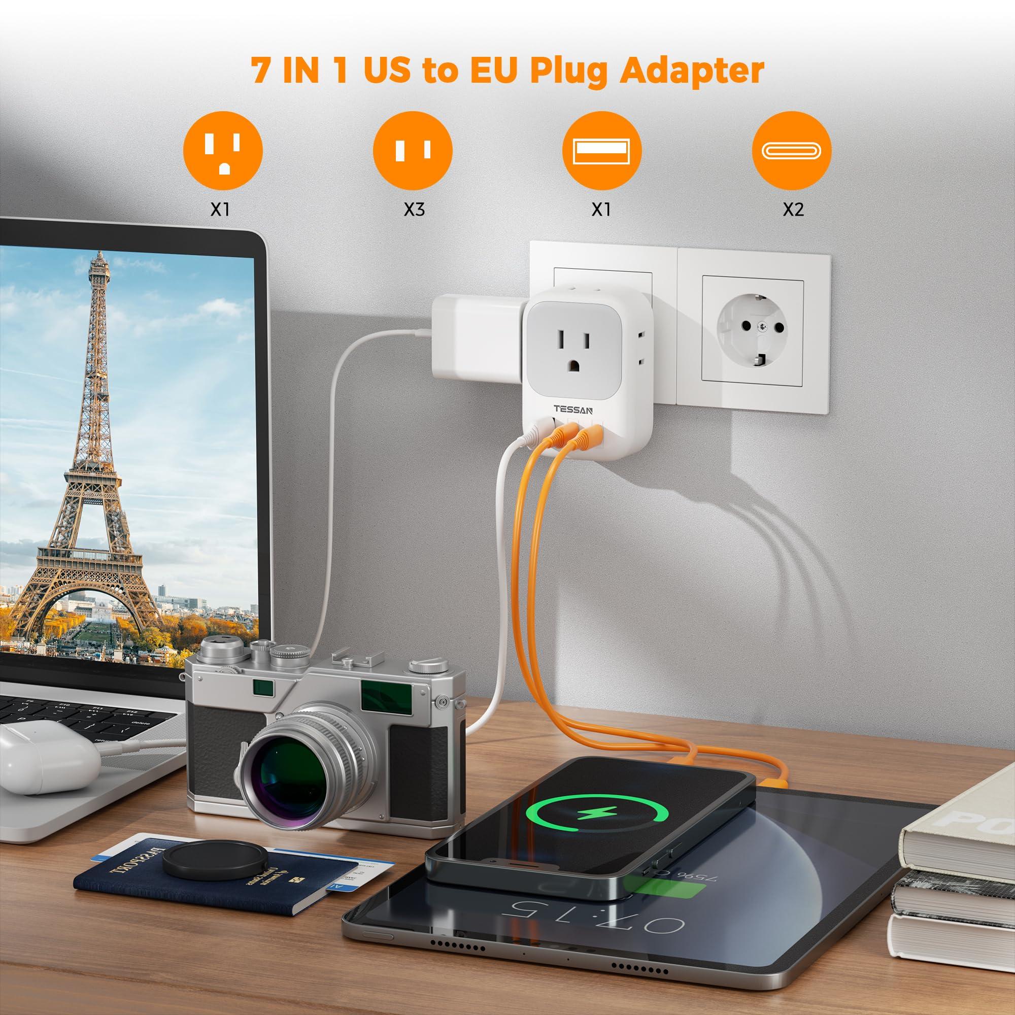 TESSAN TESSAN European Travel Plug Adapter USB C, Type C Power Adaptor with 4 AC Outlets for USA to EU Italy Iceland Spain France Greece Germany