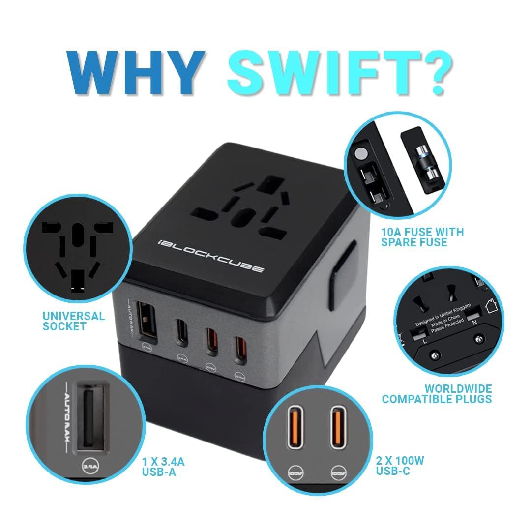 iBlockCube iBlockCube Swift Universal Travel Adapter 120W PD Fast Charger 4 USB-C,1 USB-A, International Wall Charger AC Plug Converter Adaptor Travel Essentials (Gray